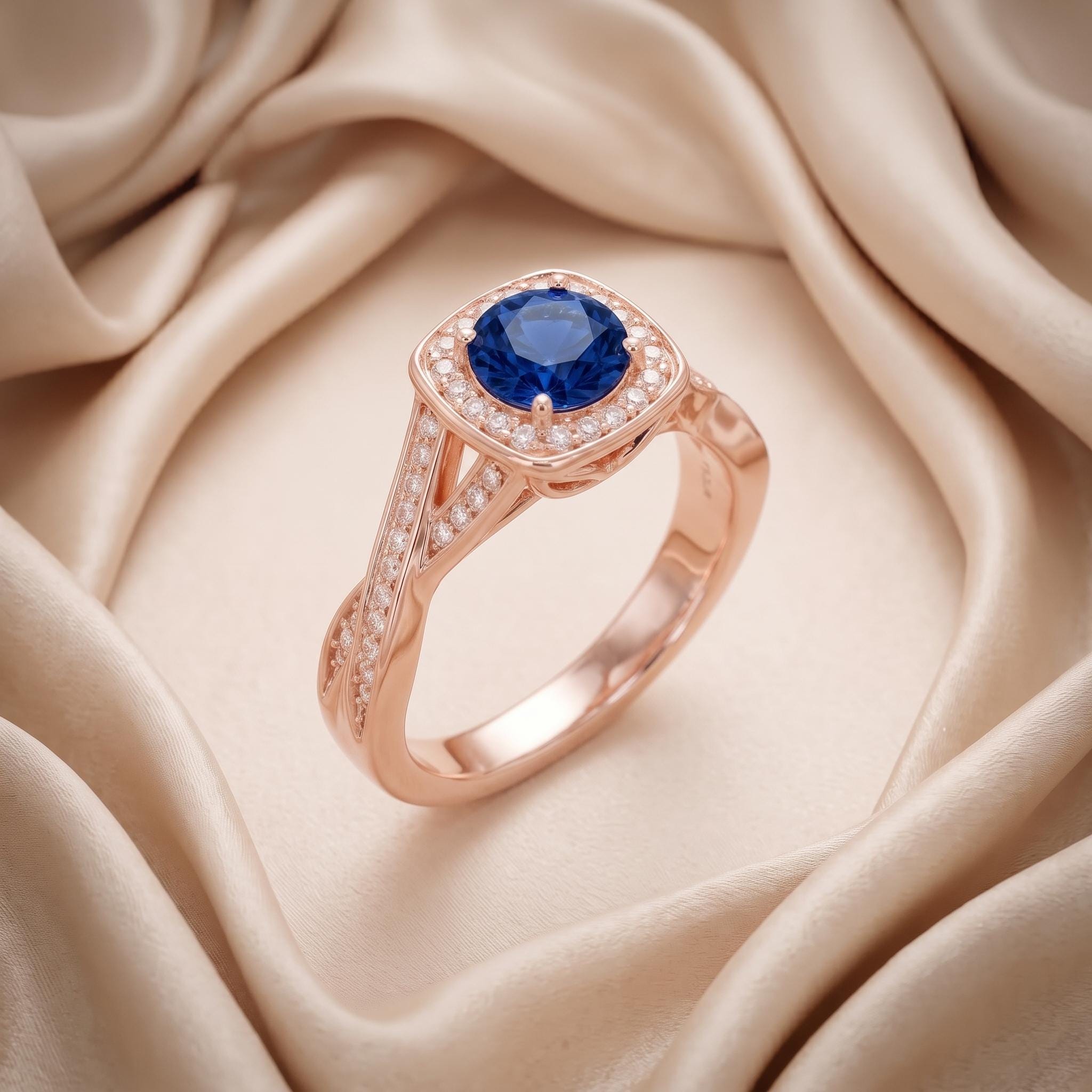 Blue Sapphire Halo Engagement Ring, Sterling Silver Rose Gold Plated Twist Band
