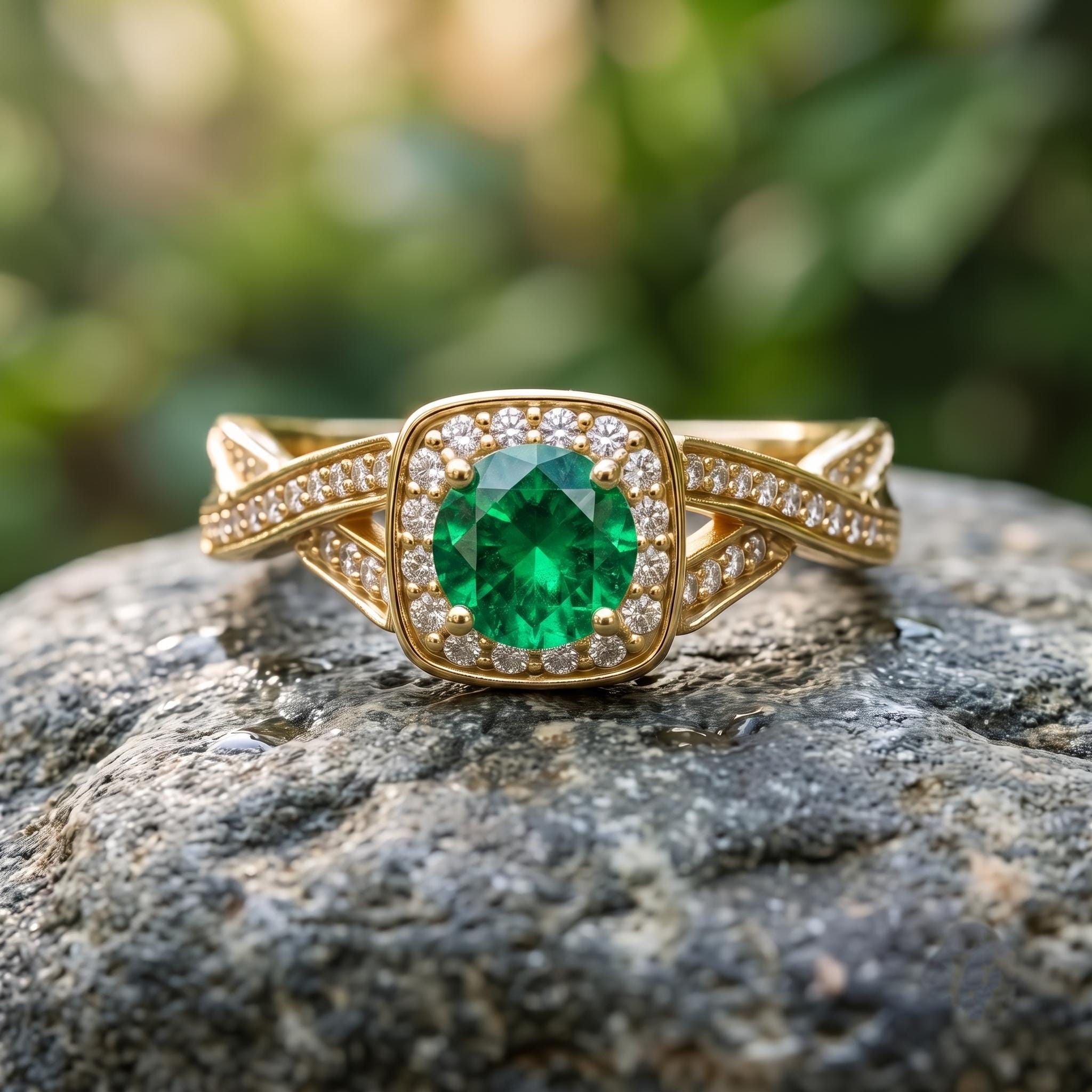 Green Lab Created Gemstone Halo Ring, 925 Silver, Criss Cross Shank, Moissanite Side Stones