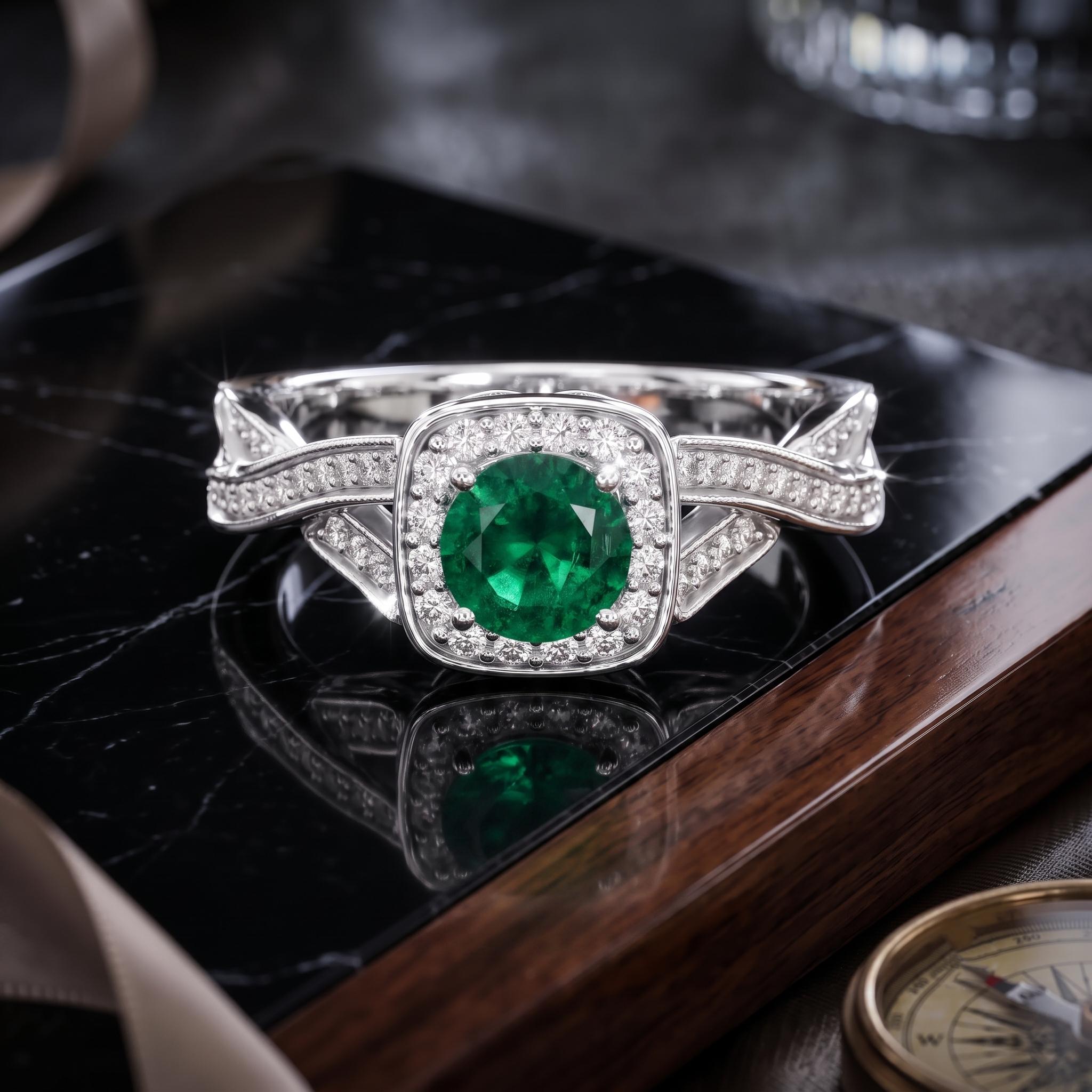 Green Lab Created Gemstone Halo Ring, 925 Silver, Criss Cross Shank, Moissanite Side Stones