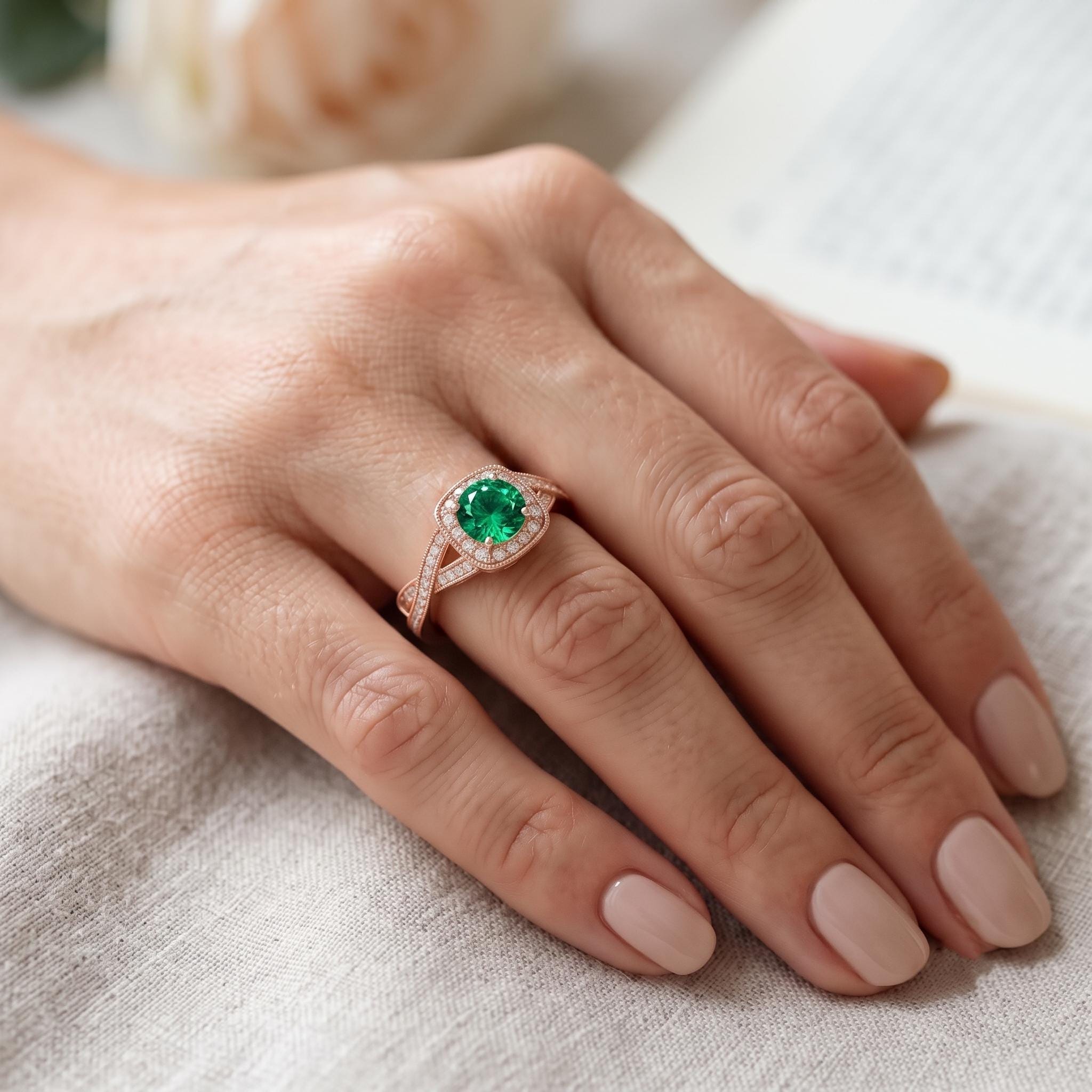 Green Lab Created Gemstone Halo Ring, 925 Silver, Criss Cross Shank, Moissanite Side Stones