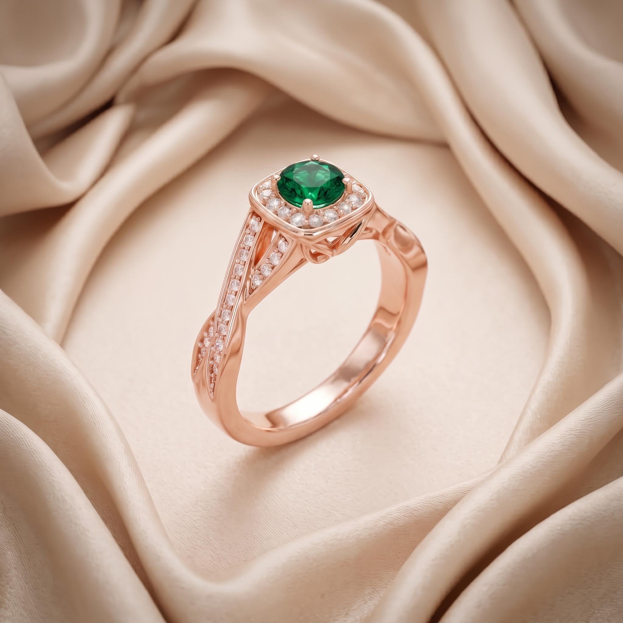 Green Lab Created Gemstone Halo Ring, 925 Silver, Criss Cross Shank, Moissanite Side Stones
