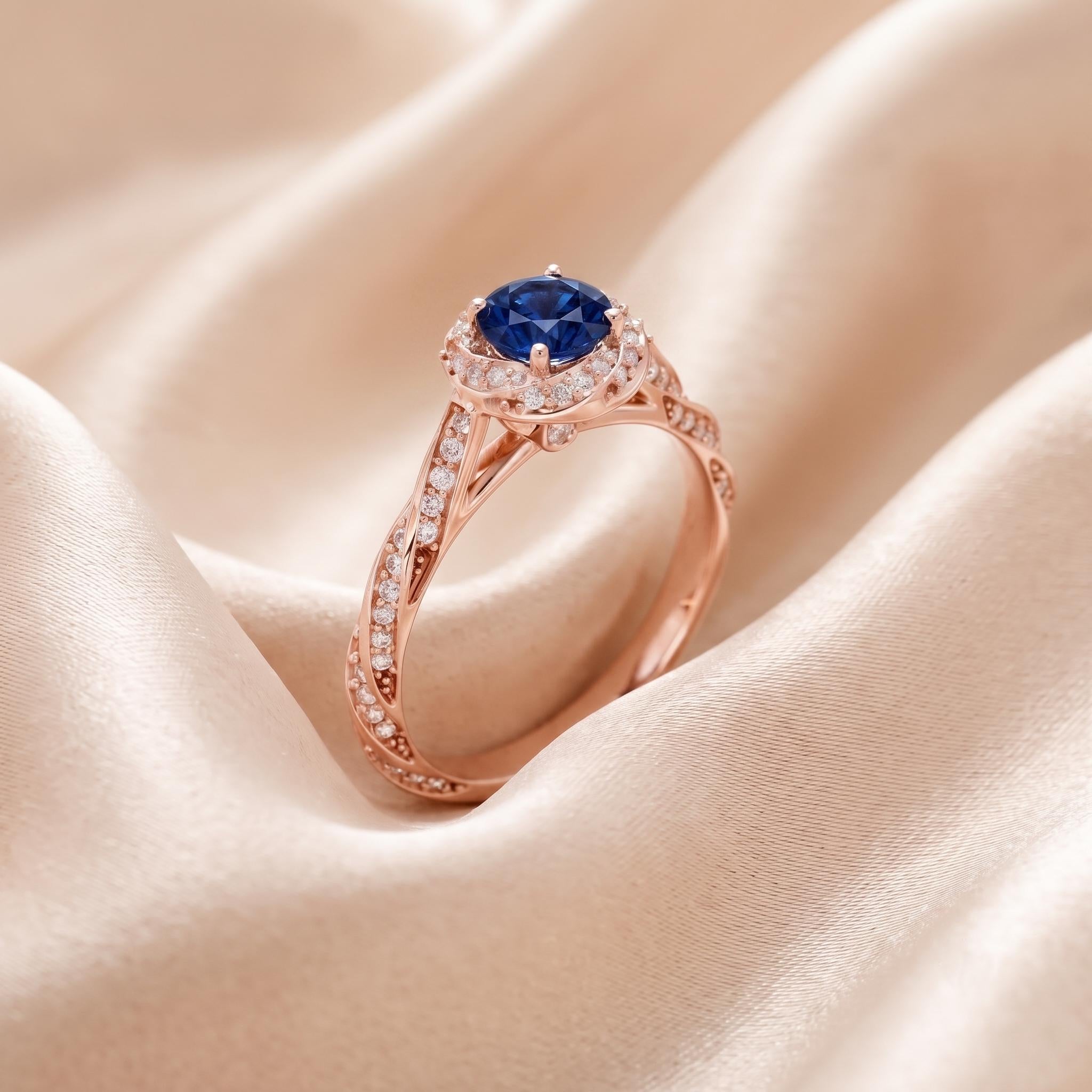 Vintage Halo Blue Sapphire Sterling Silver Ring, Twisted Vine Engagement Gift