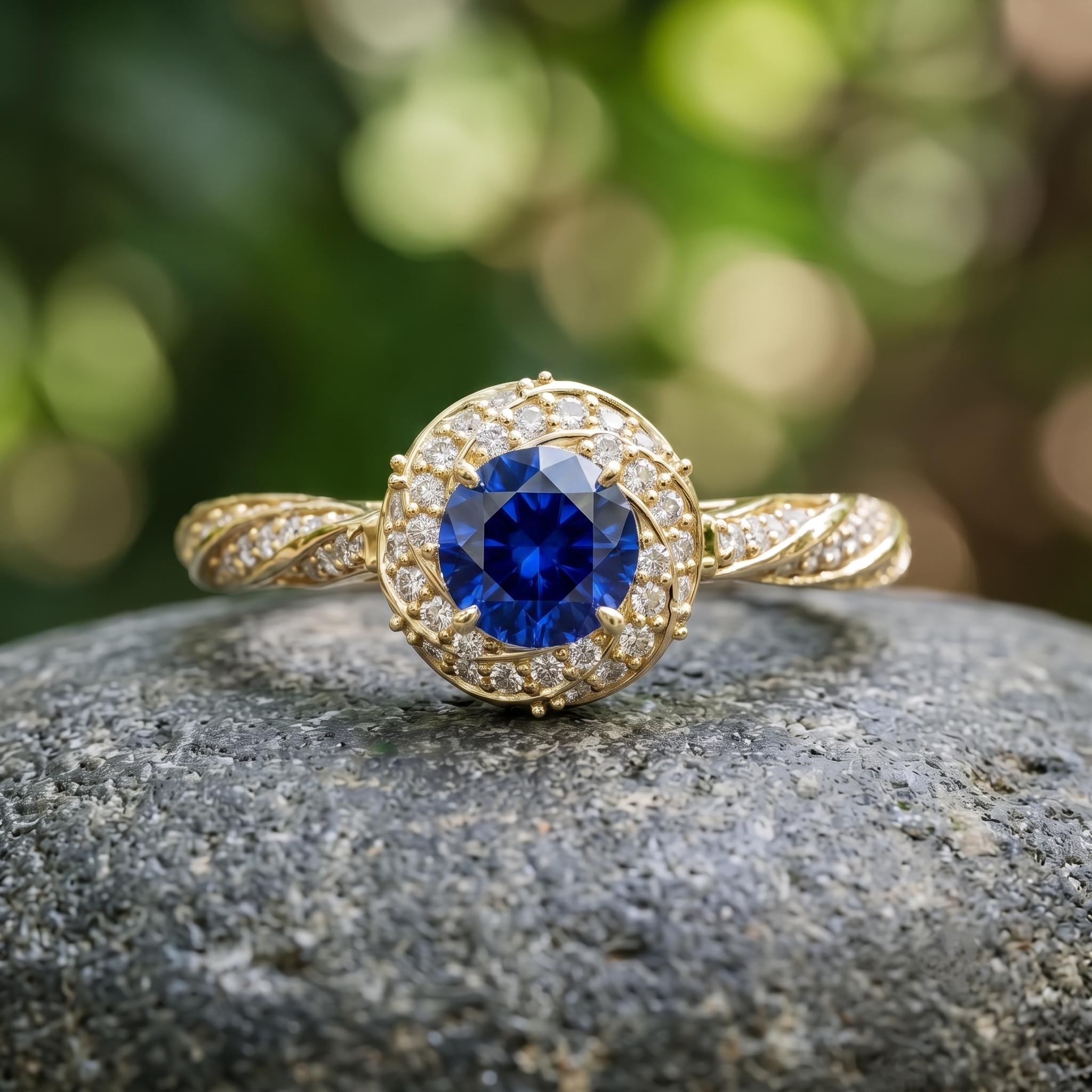 Vintage Halo Blue Sapphire Sterling Silver Ring, Twisted Vine Engagement Gift