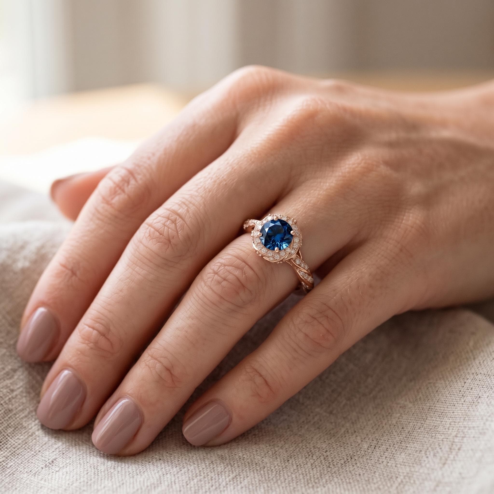 Vintage Halo Blue Sapphire Sterling Silver Ring, Twisted Vine Engagement Gift