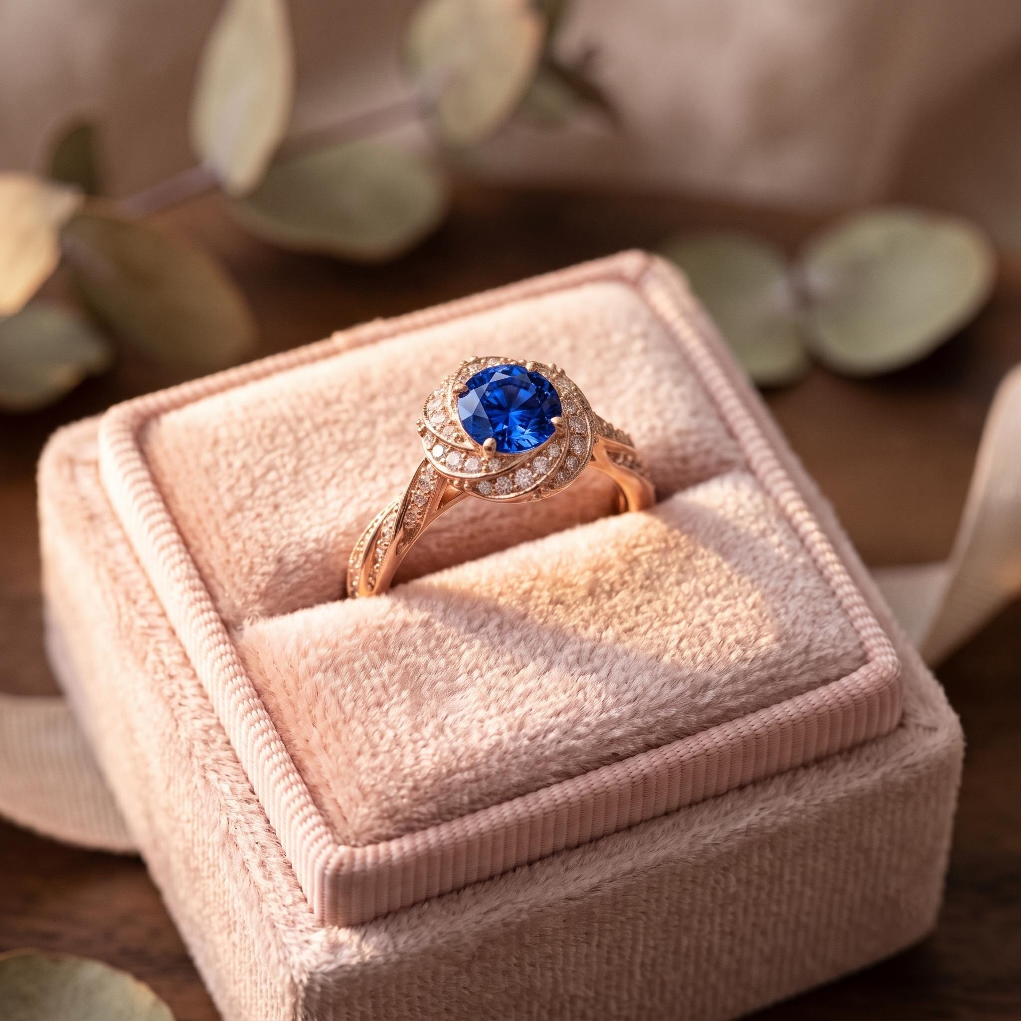 Vintage Halo Blue Sapphire Sterling Silver Ring, Twisted Vine Engagement Gift