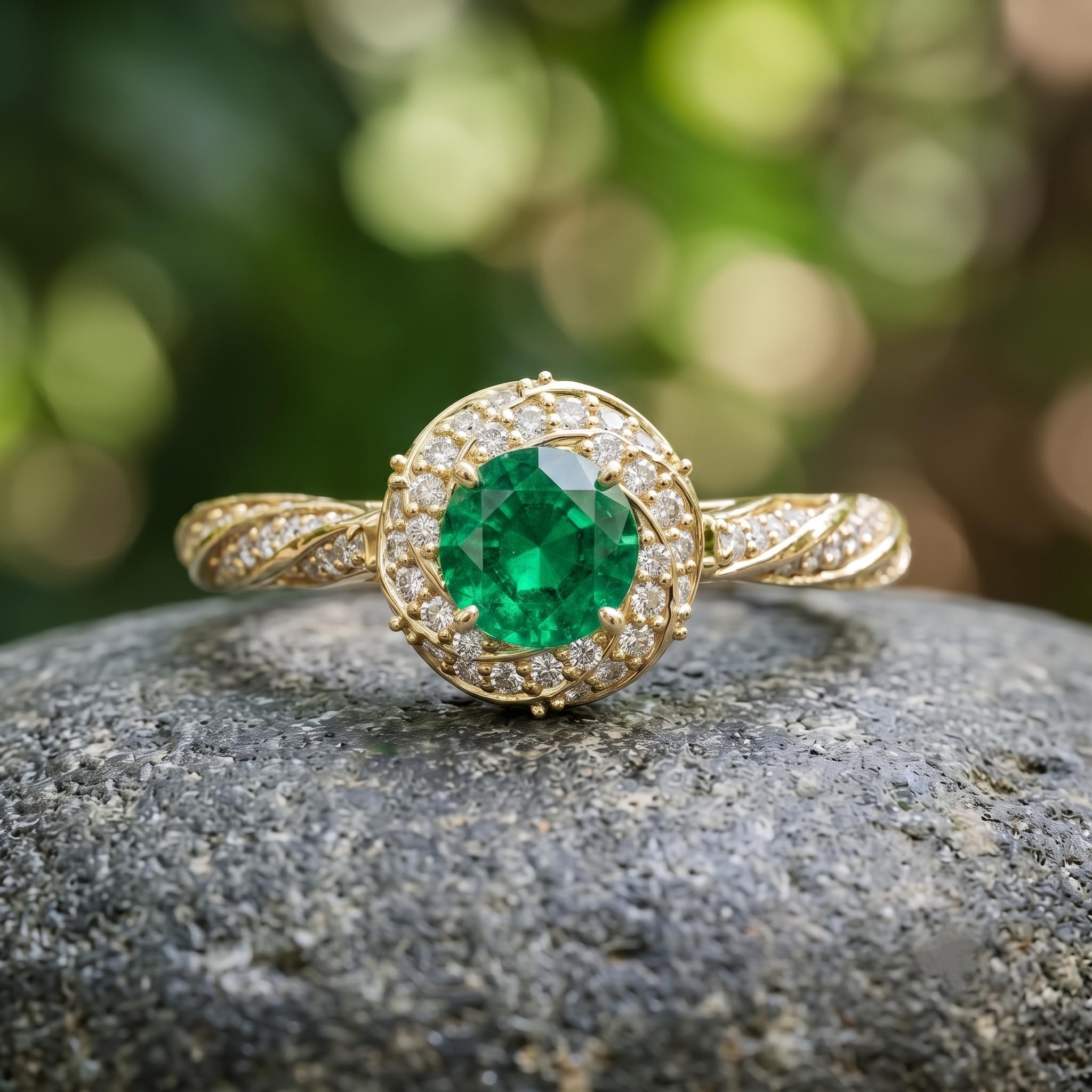 Lab Created Emerald Ring, Sterling Silver, Moissanite Halo, Rose Gold Finish