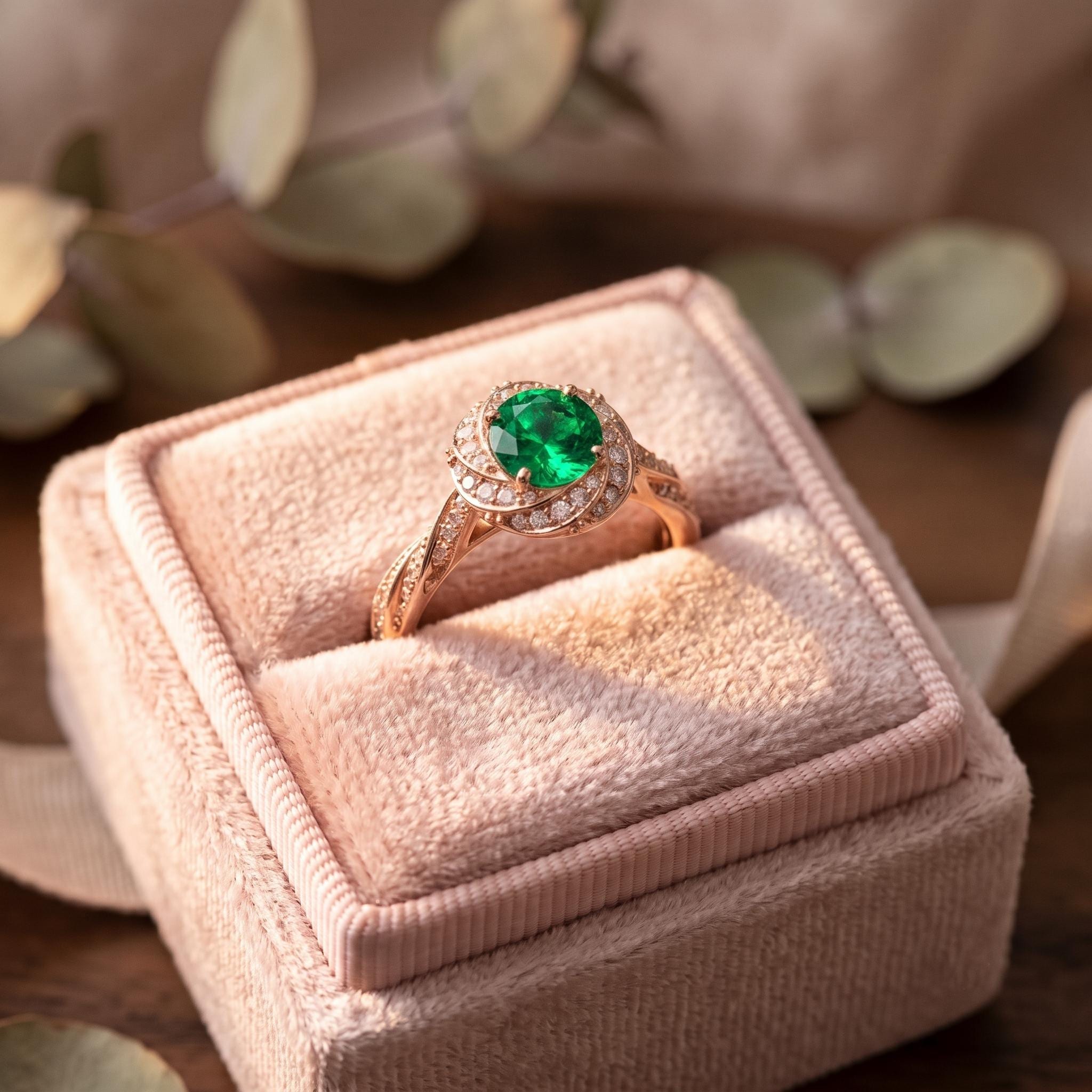Lab Created Emerald Ring, Sterling Silver, Moissanite Halo, Rose Gold Finish