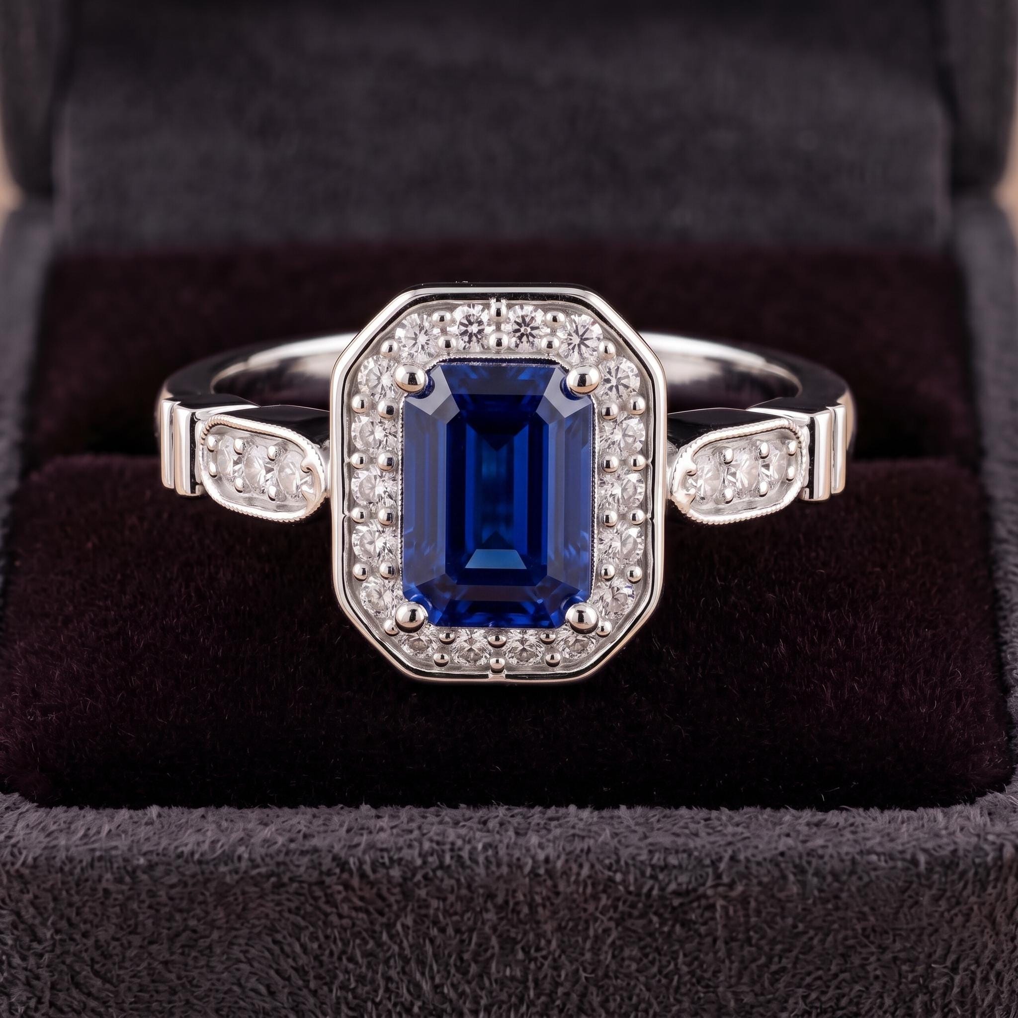 Emerald Blue Sapphire Sterling Silver Ring, Vintage Handmade Cocktail, Lab Created Gemstone
