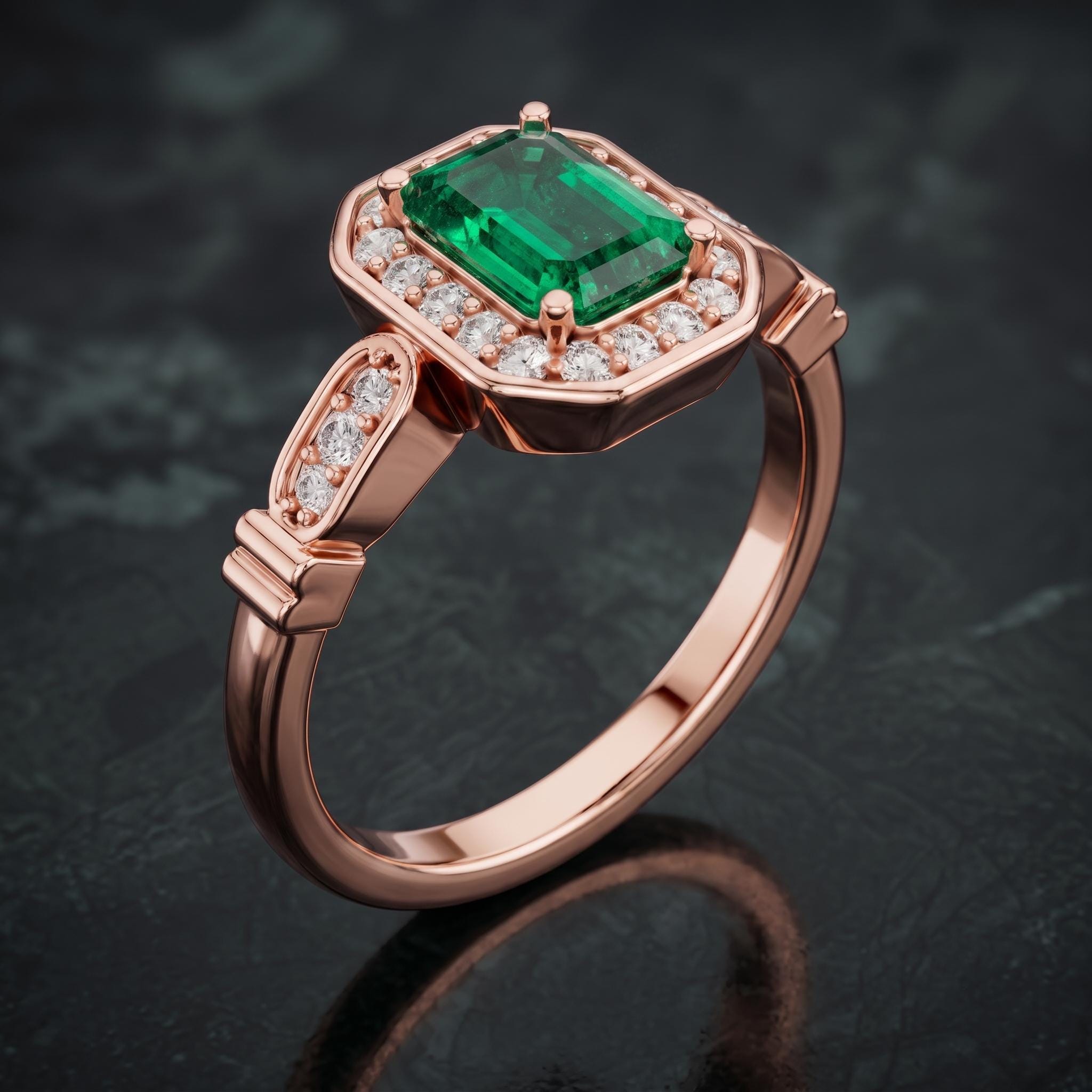 Emerald Cut Green Lab Created Gemstone Ring, Sterling Silver Halo Engagement Ring