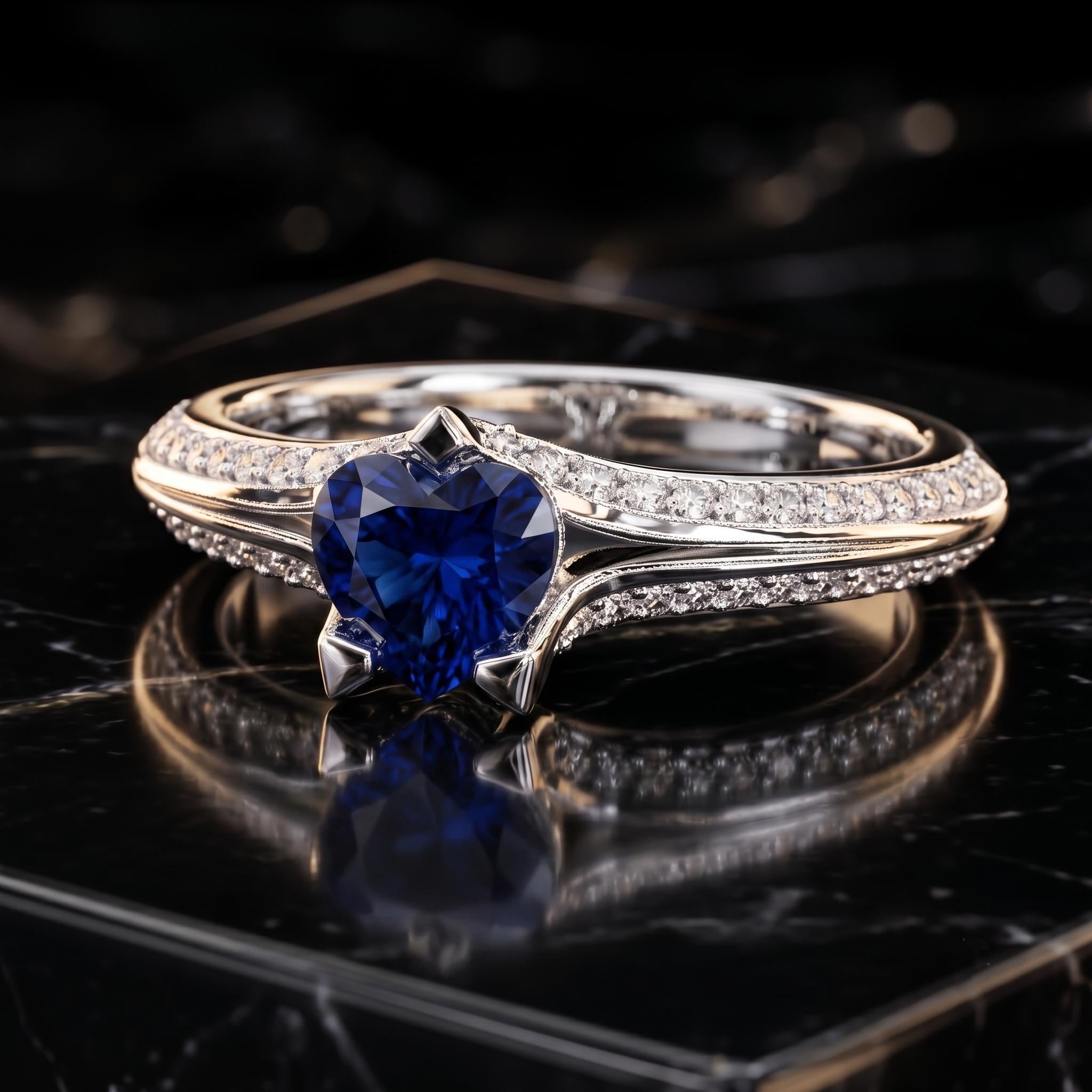 Heart Shape Blue Sapphire Sterling Silver Ring, Moissanite Accents, Valentine Gift