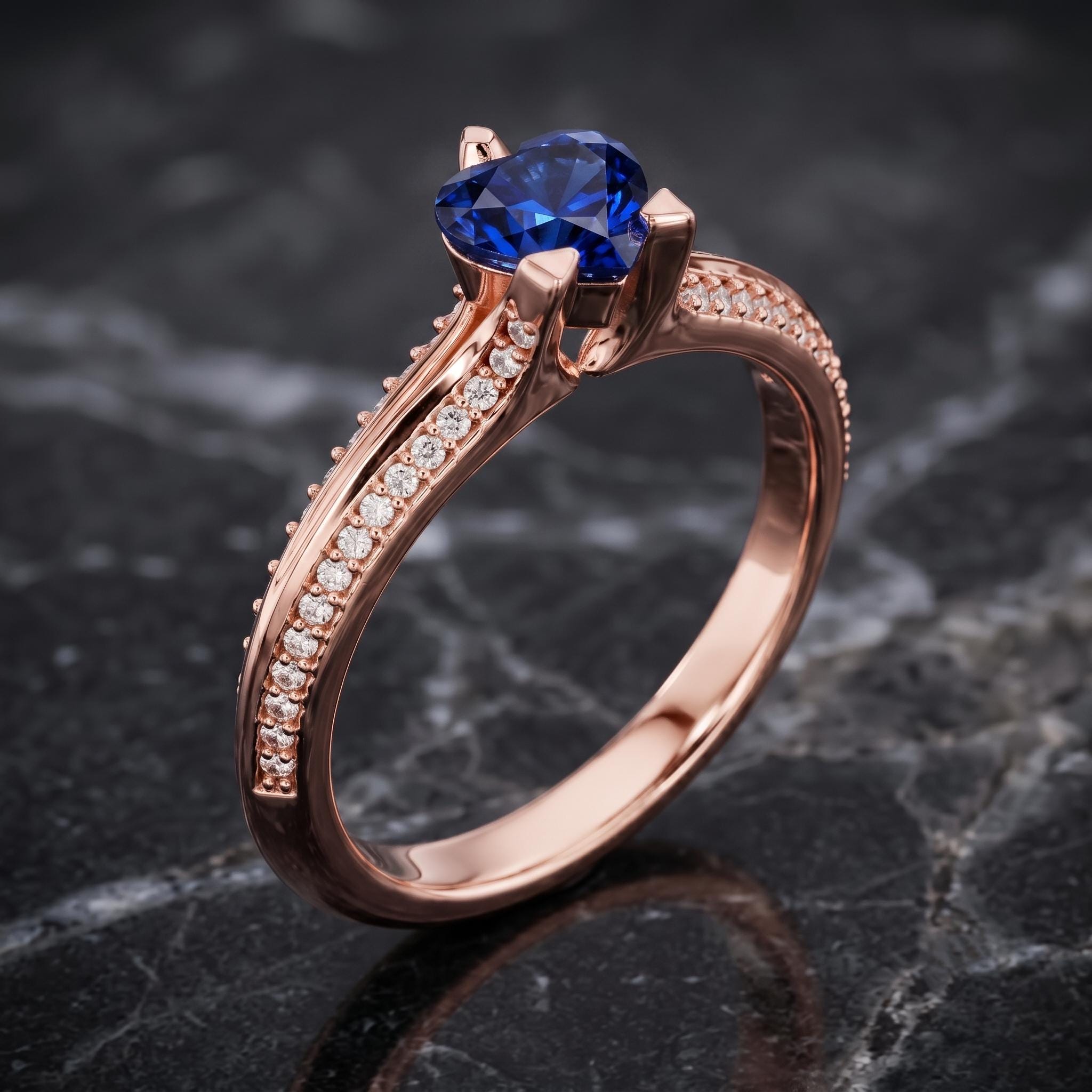 Heart Shape Blue Sapphire Sterling Silver Ring, Moissanite Accents, Valentine Gift