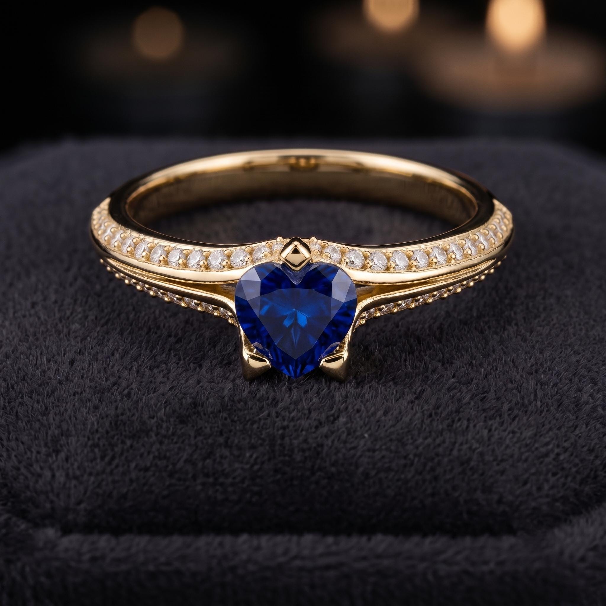 Heart Shape Blue Sapphire Sterling Silver Ring, Moissanite Accents, Valentine Gift