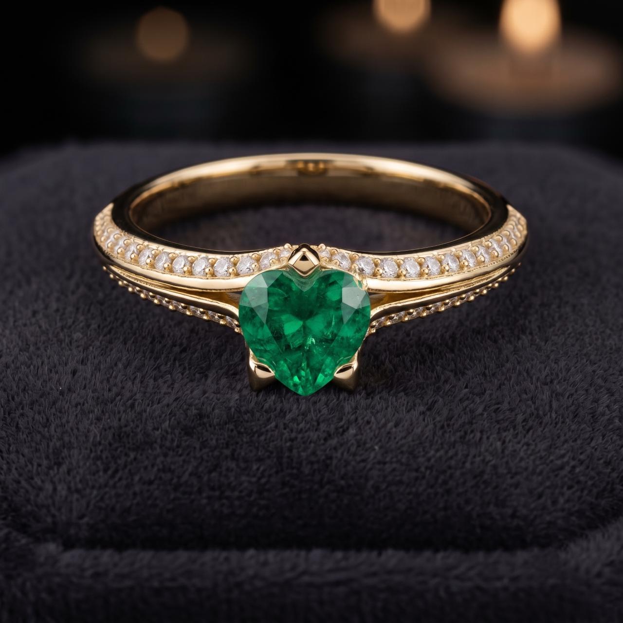Heart Shaped Emerald Sterling Silver Ring, Split Shank Moissanite Side Stones