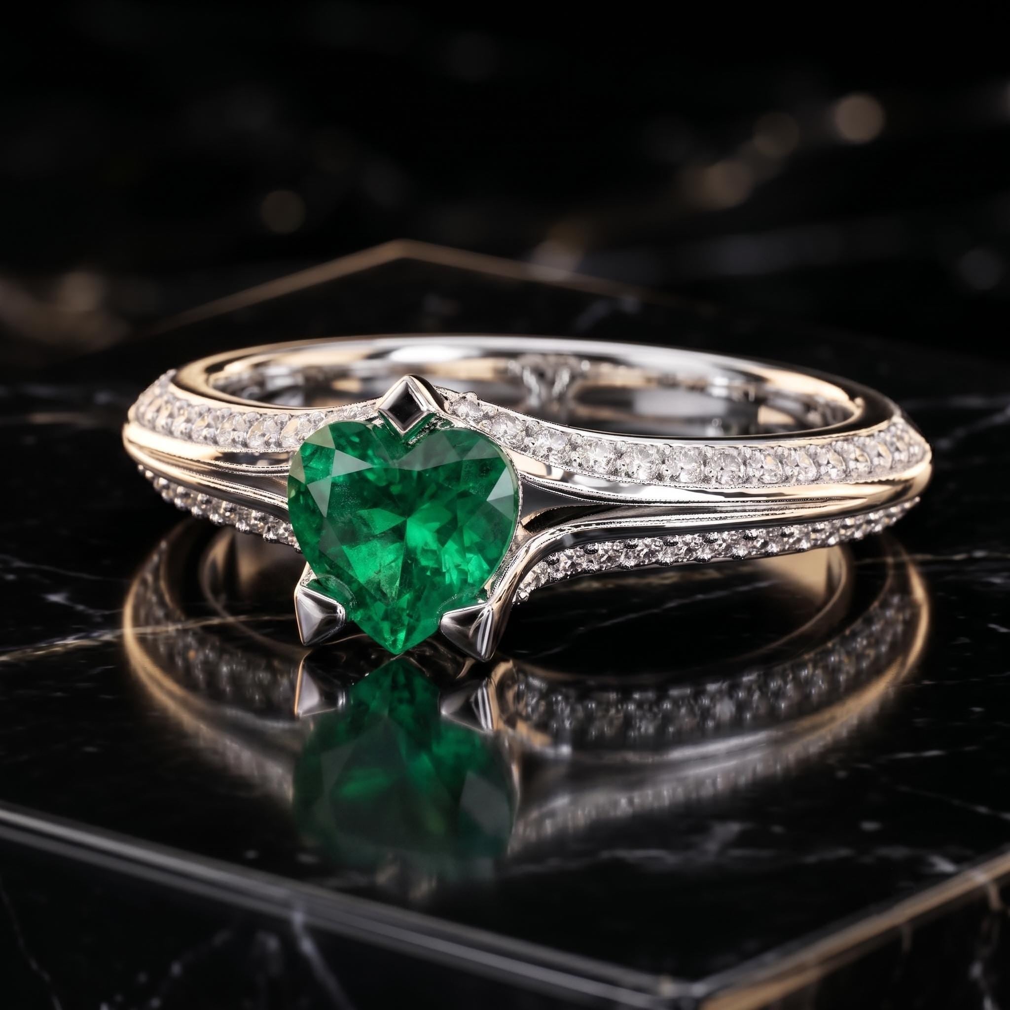 Heart Shaped Emerald Sterling Silver Ring, Split Shank Moissanite Side Stones