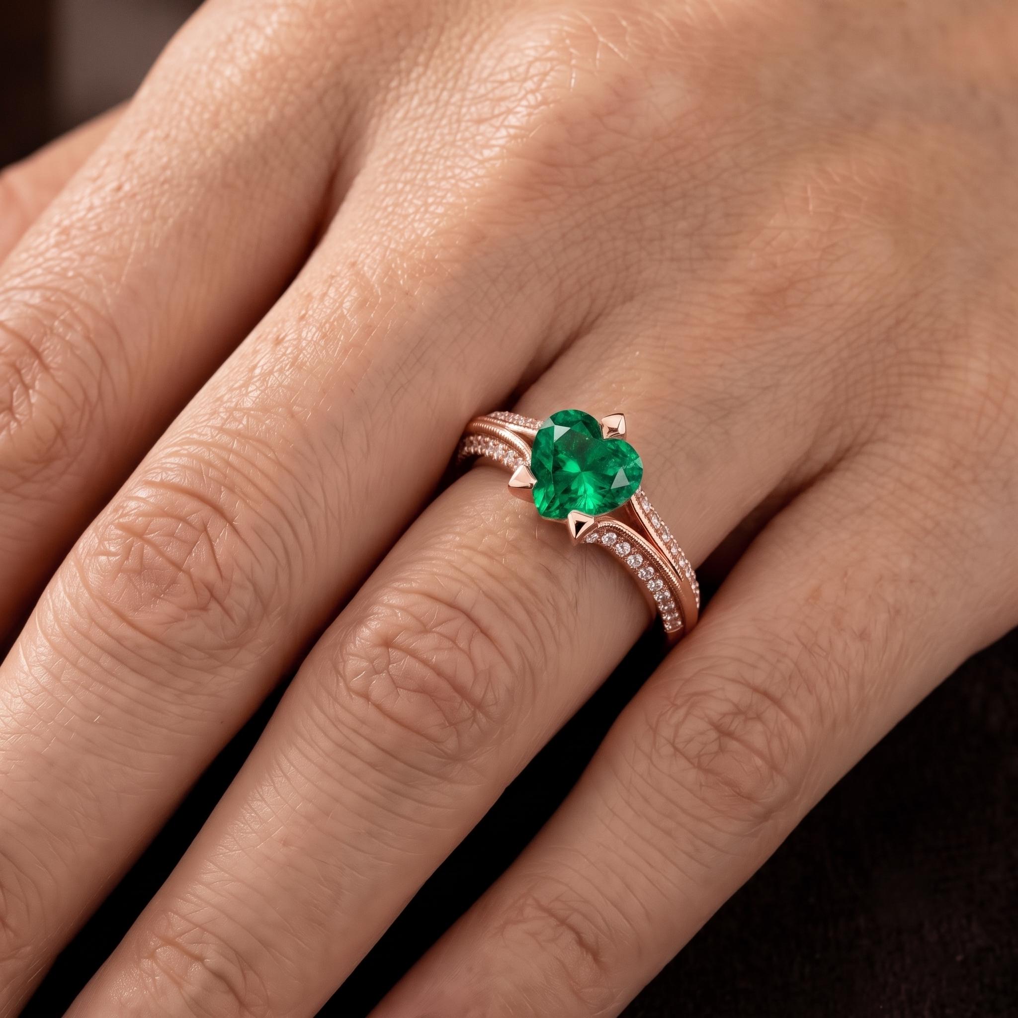 Heart Shaped Emerald Sterling Silver Ring, Split Shank Moissanite Side Stones