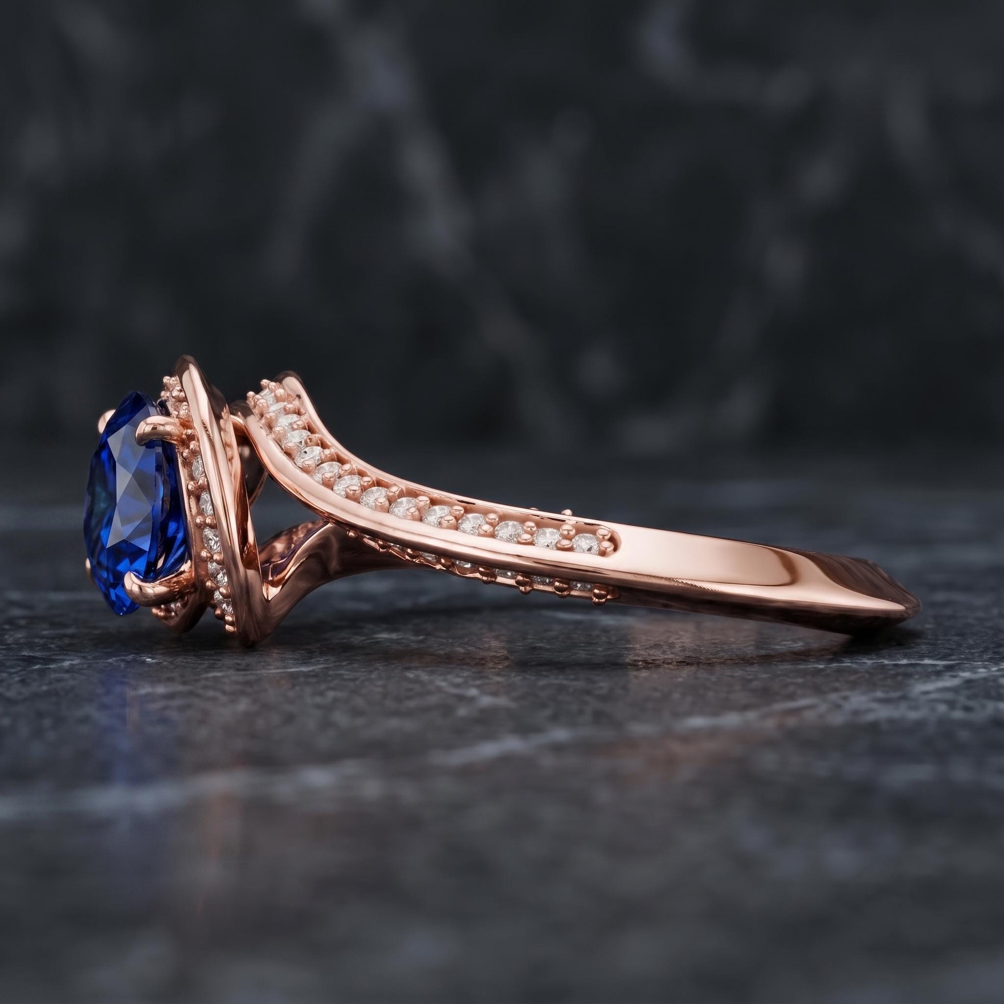 Rose Gold Over Sterling Silver Sapphire Moissanite Ring, Bypass Design