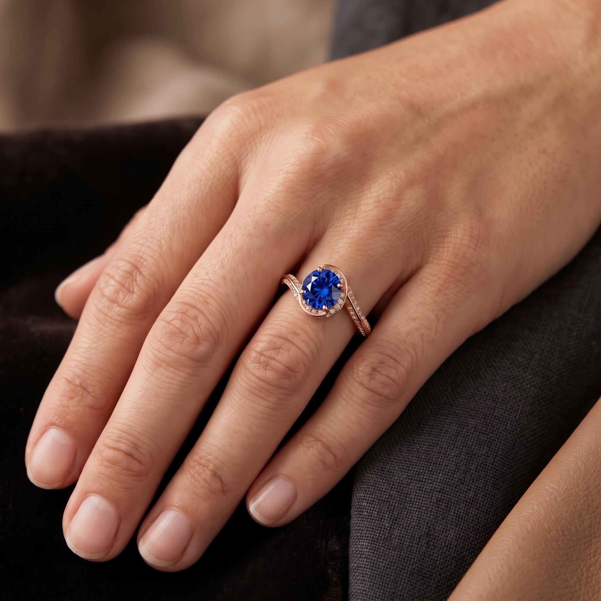 Rose Gold Over Sterling Silver Sapphire Moissanite Ring, Bypass Design