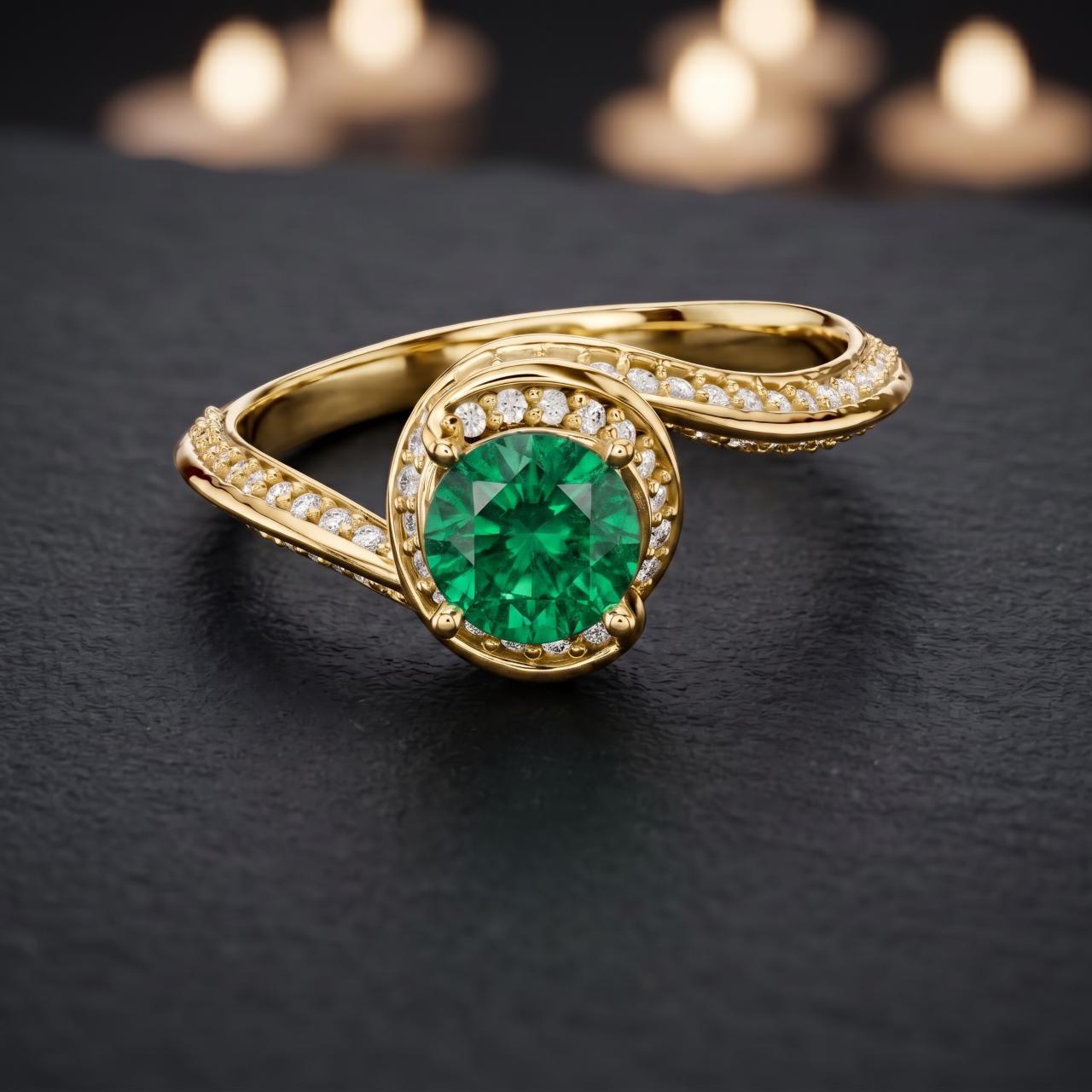 Boho Swirl Halo Ring, Lab Created Emerald, Moissanite, Sterling Silver Vermeil