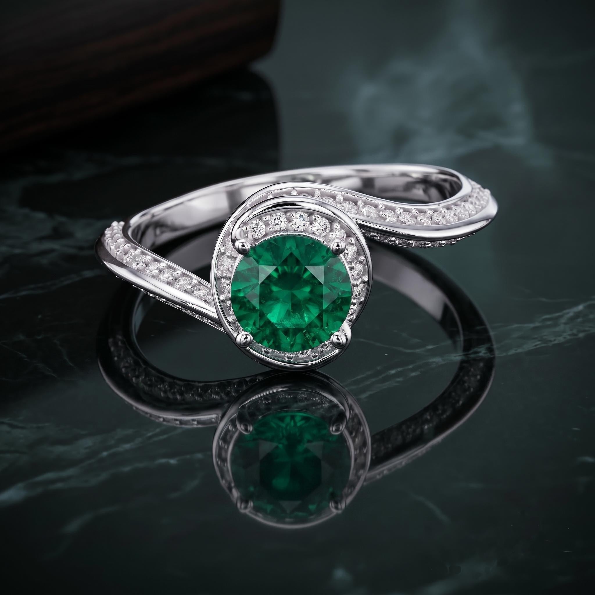 Boho Swirl Halo Ring, Lab Created Emerald, Moissanite, Sterling Silver Vermeil