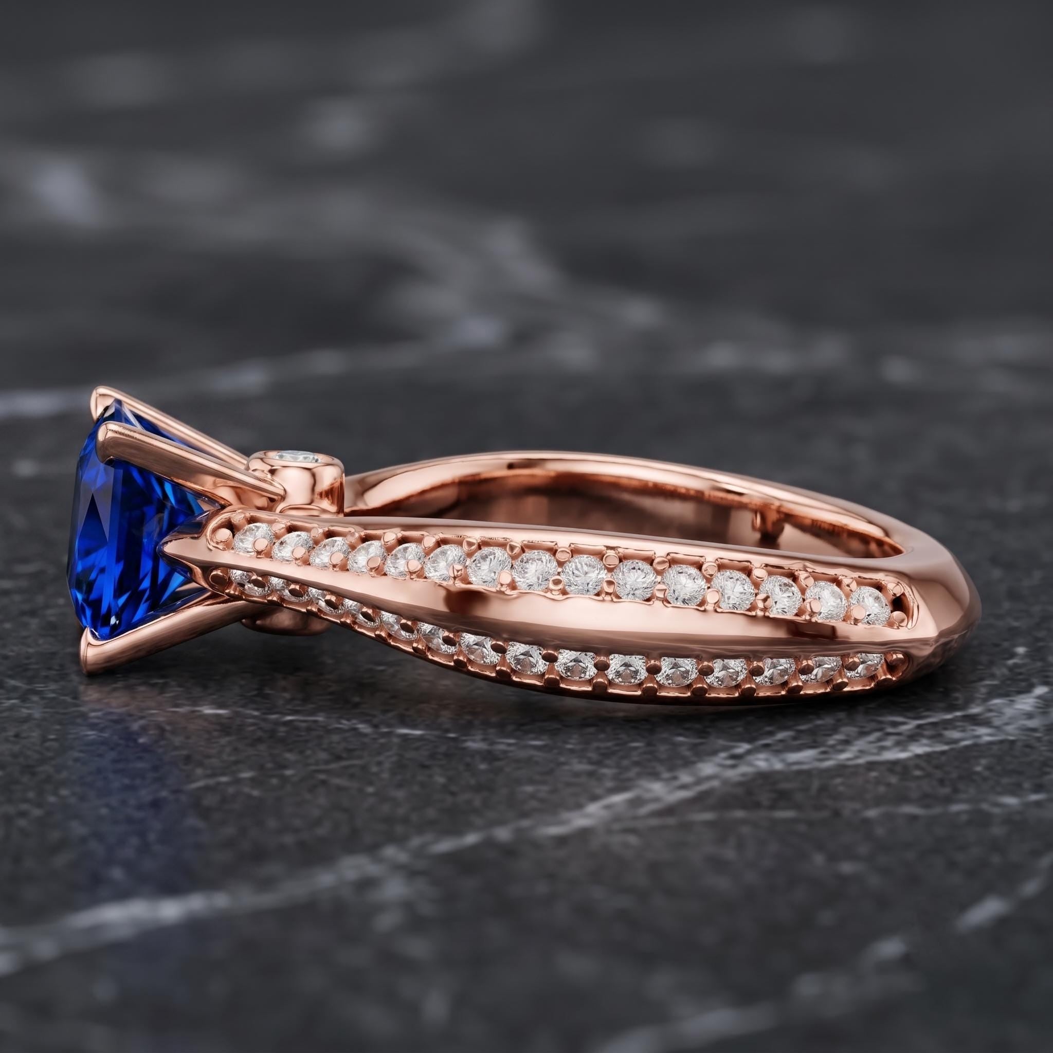 Lab Created Blue Sapphire Princess Cut Ring, 925 Sterling Silver, Pave Band (Free Gift)