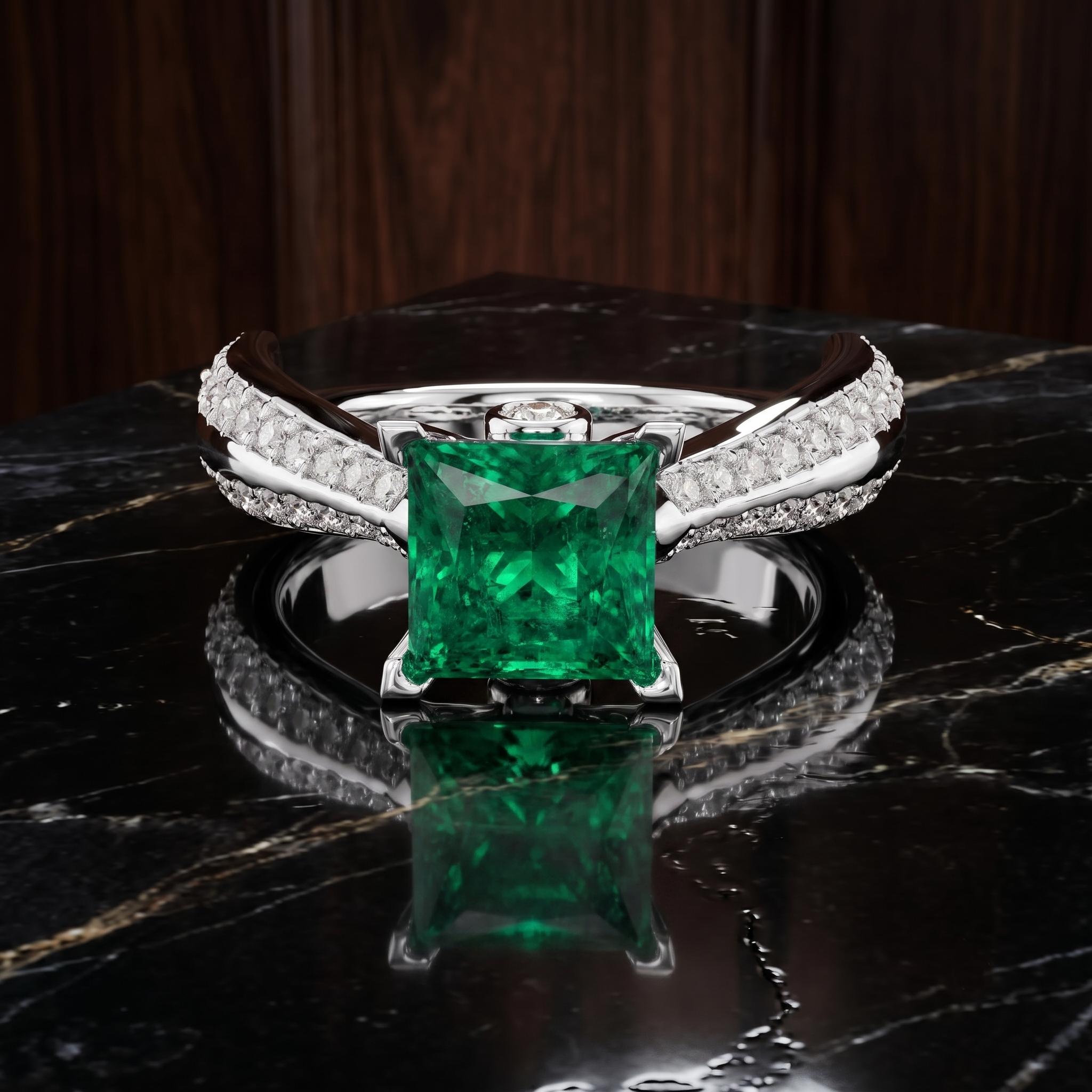 Princess Cut Emerald Lab Created Ring, Sterling Silver, Moissanite Band (Free Gift)