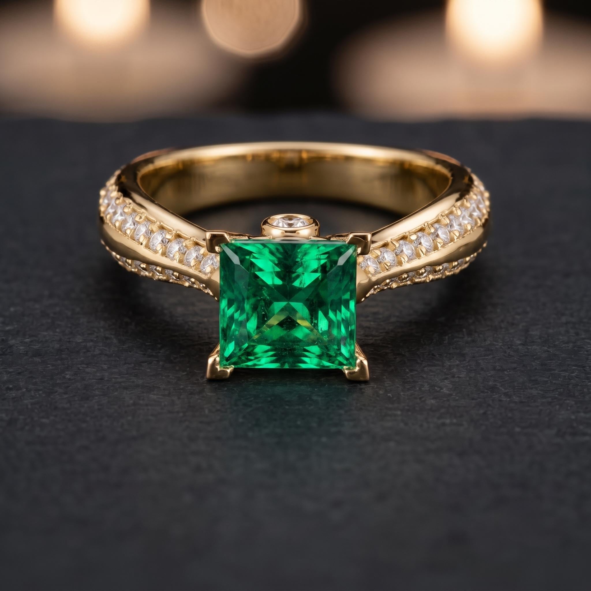 Princess Cut Emerald Lab Created Ring, Sterling Silver, Moissanite Band (Free Gift)