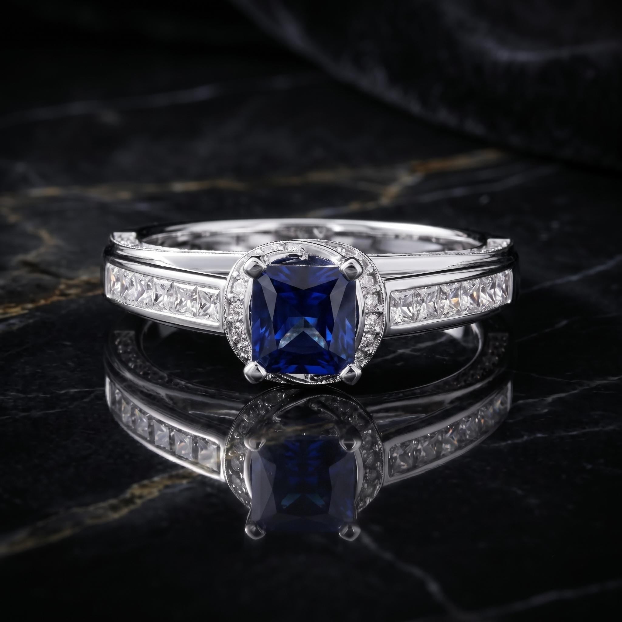 Princess Cut Blue Sapphire Sterling Silver Ring, Twisted Cathedral Band, Moissanite Side Stones