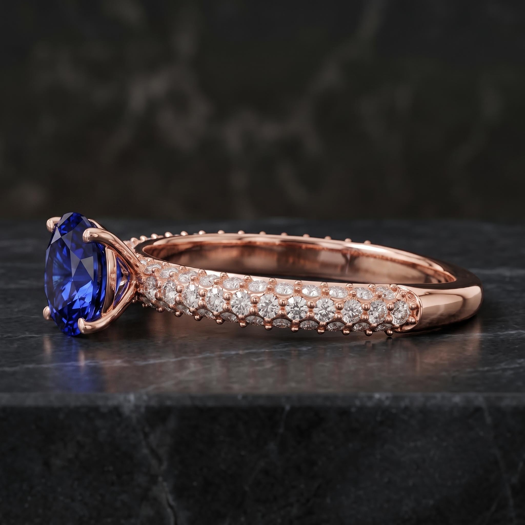 Blue Lab Created Gemstone Ring, Sterling Silver, Moissanite Pave, Engagement Ring