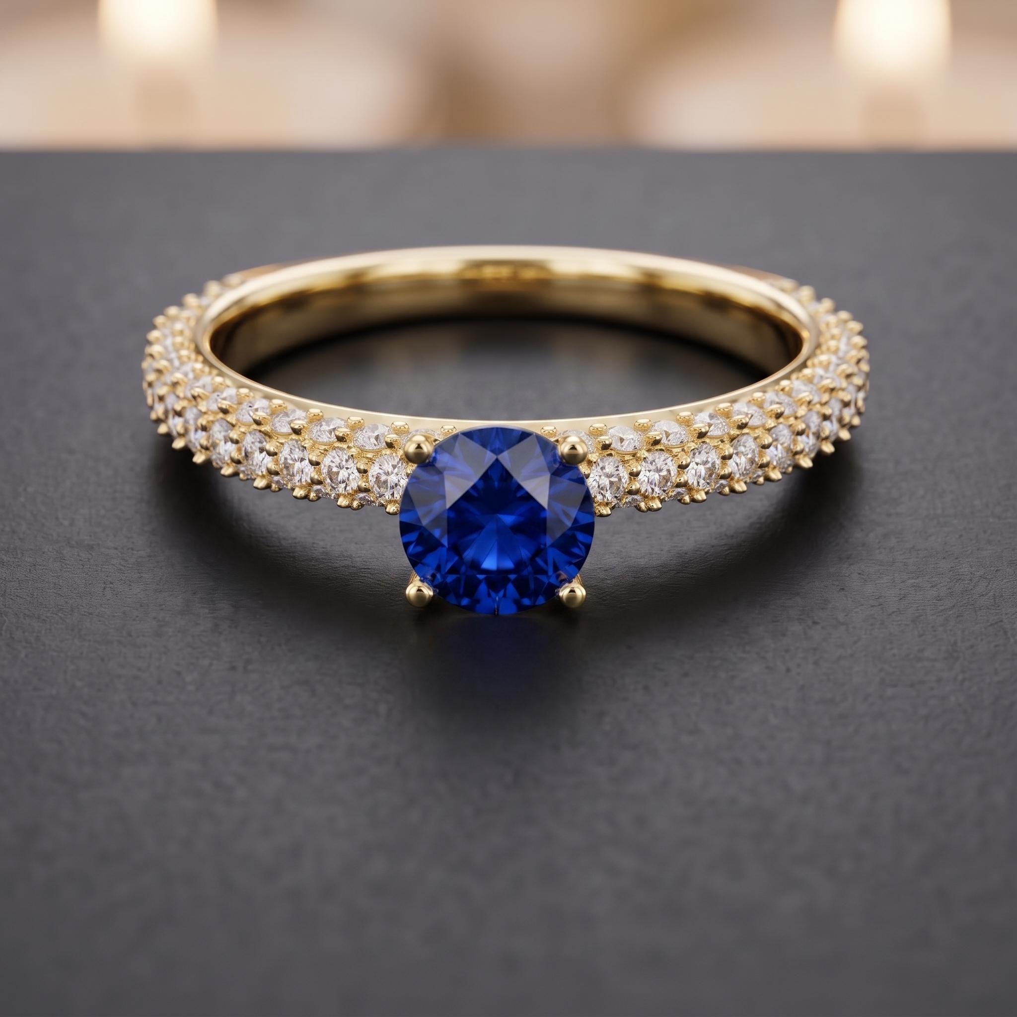 Blue Lab Created Gemstone Ring, Sterling Silver, Moissanite Pave, Engagement Ring