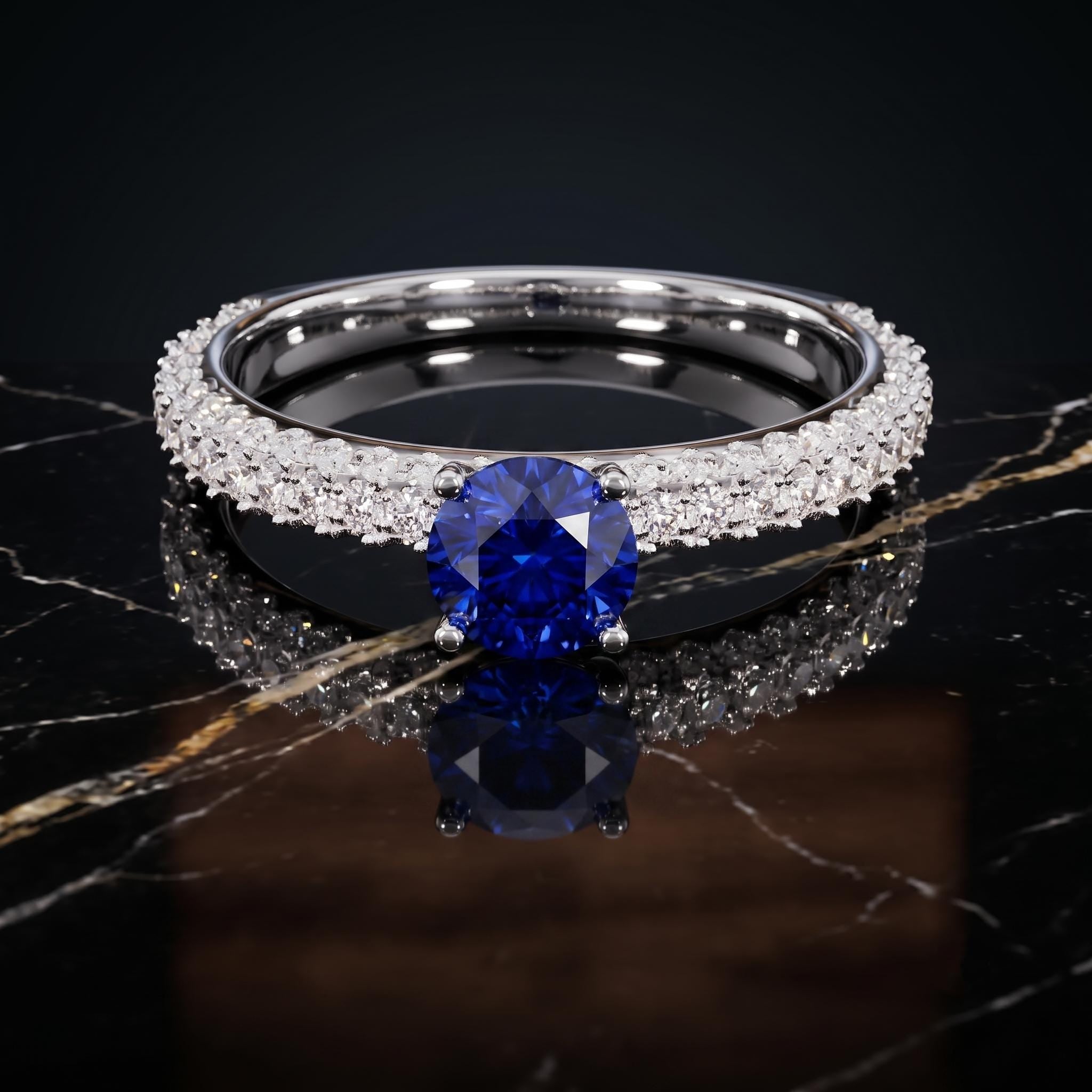 Blue Lab Created Gemstone Ring, Sterling Silver, Moissanite Pave, Engagement Ring
