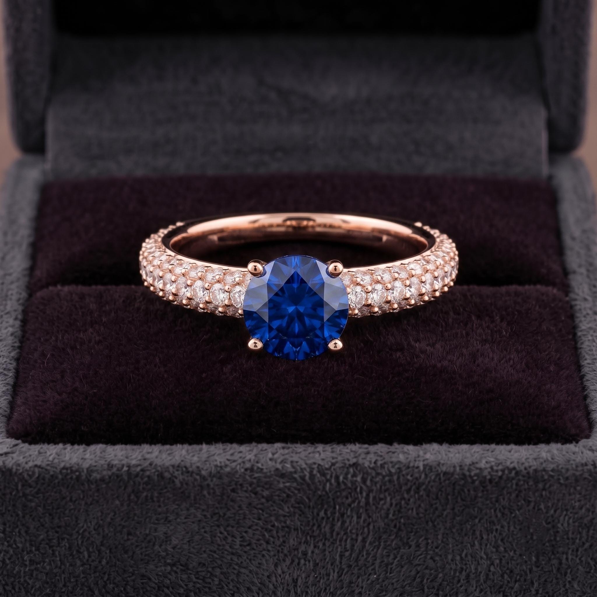 Blue Lab Created Gemstone Ring, Sterling Silver, Moissanite Pave, Engagement Ring