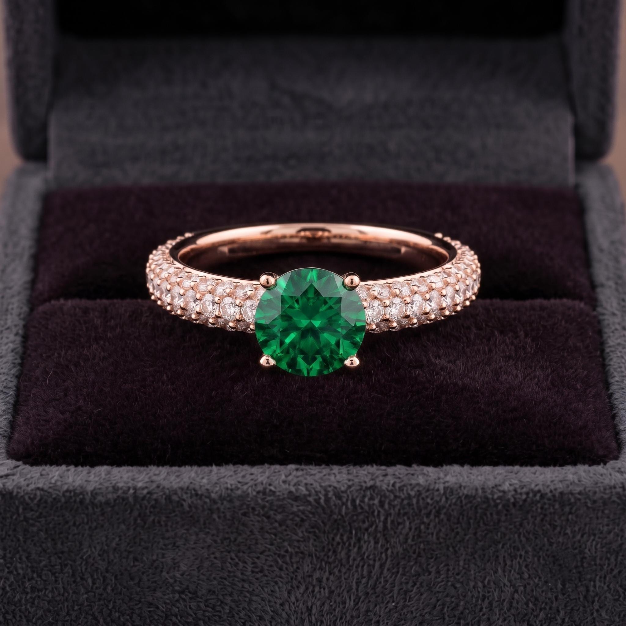 925 Sterling Silver Round Cut Green Gemstone Ring, Moissanite Side Stones, Minimalist Wedding Band
