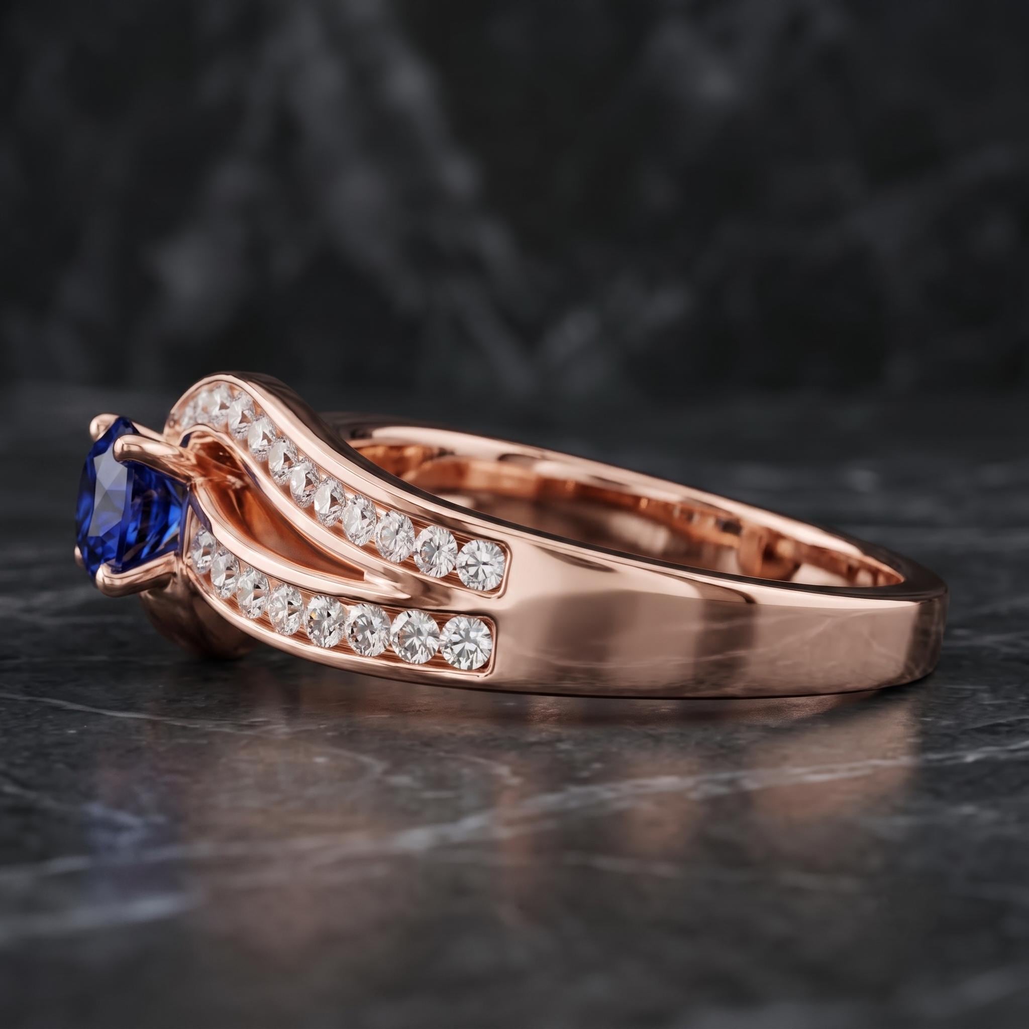 Royal Blue Sapphire Ring, 925 Sterling Silver, Twisted Pave Moissanite, Engagement Statement Ring