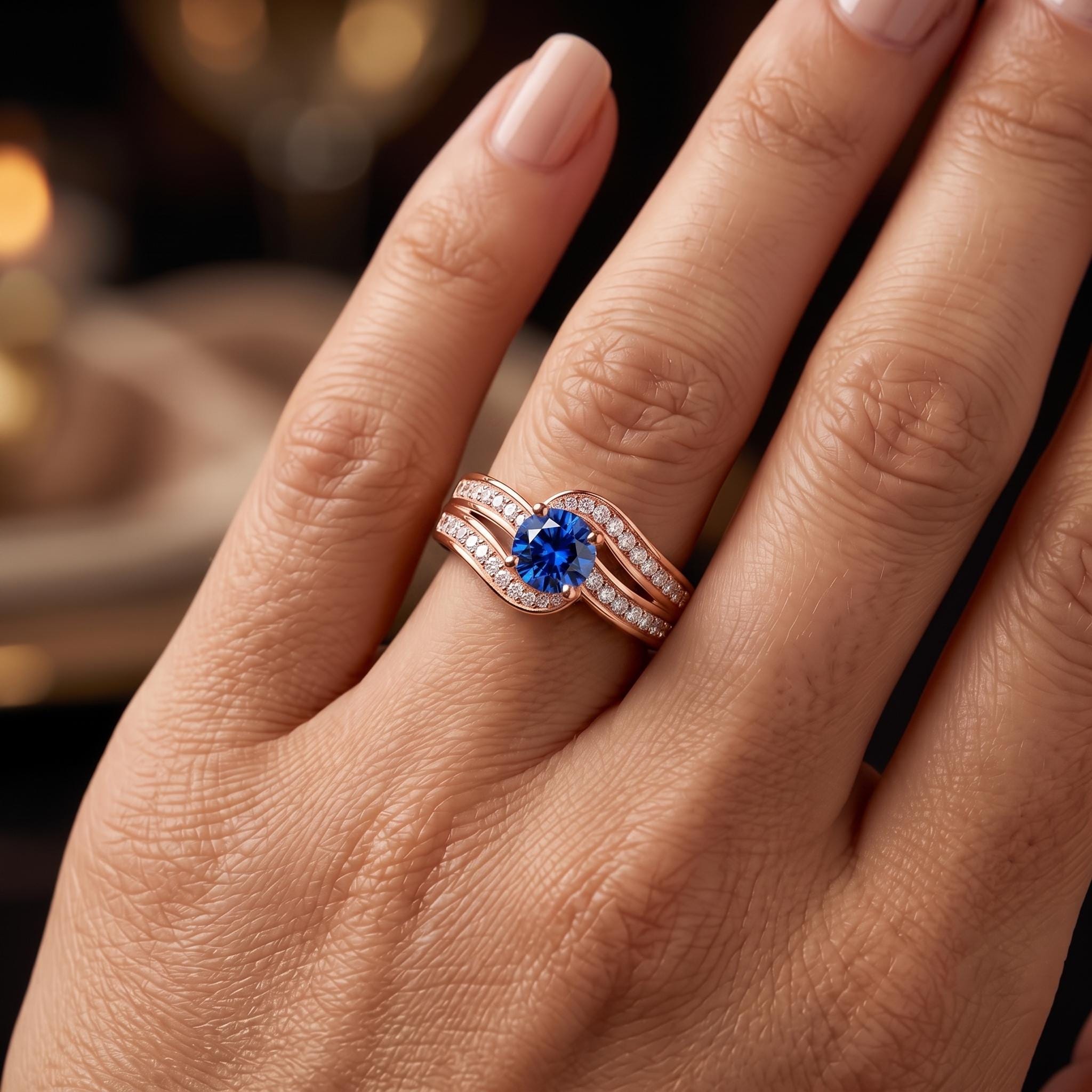 Royal Blue Sapphire Ring, 925 Sterling Silver, Twisted Pave Moissanite, Engagement Statement Ring