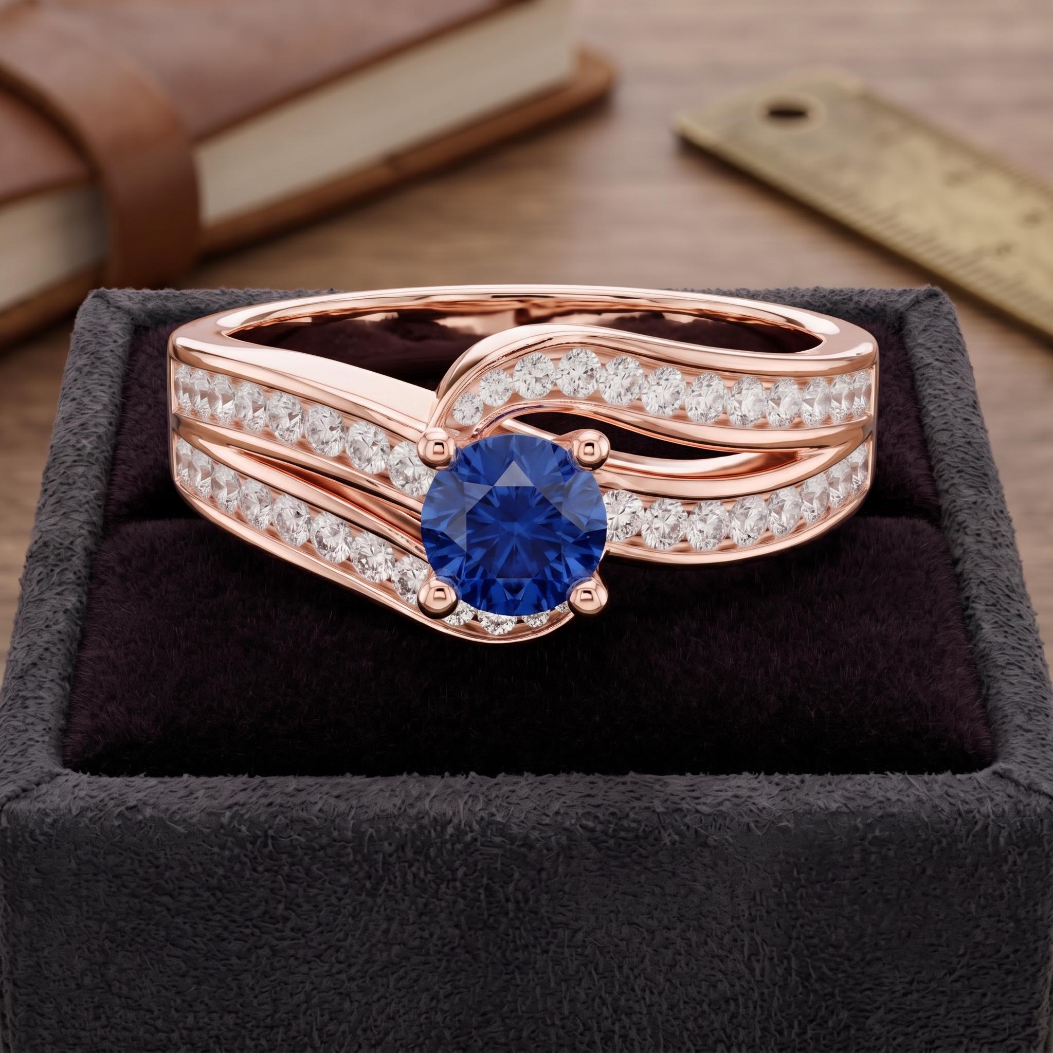 Royal Blue Sapphire Ring, 925 Sterling Silver, Twisted Pave Moissanite, Engagement Statement Ring