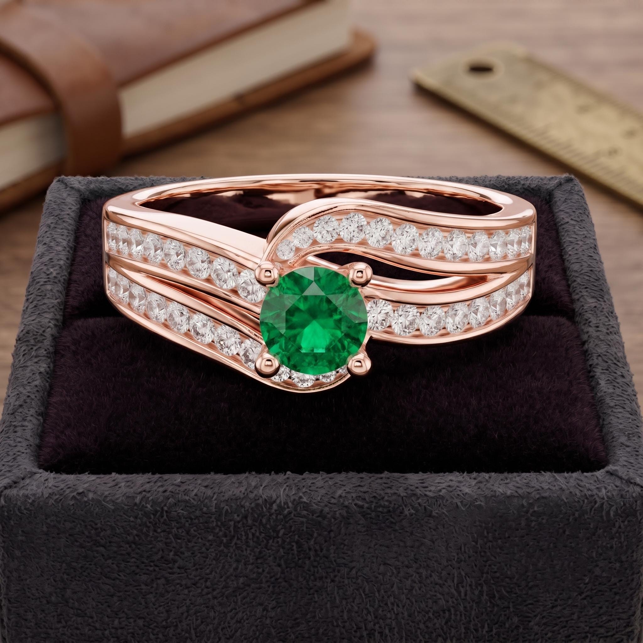Lab Created Green Gemstone Bypass Ring, 925 Sterling Silver, Moissanite Side Stones