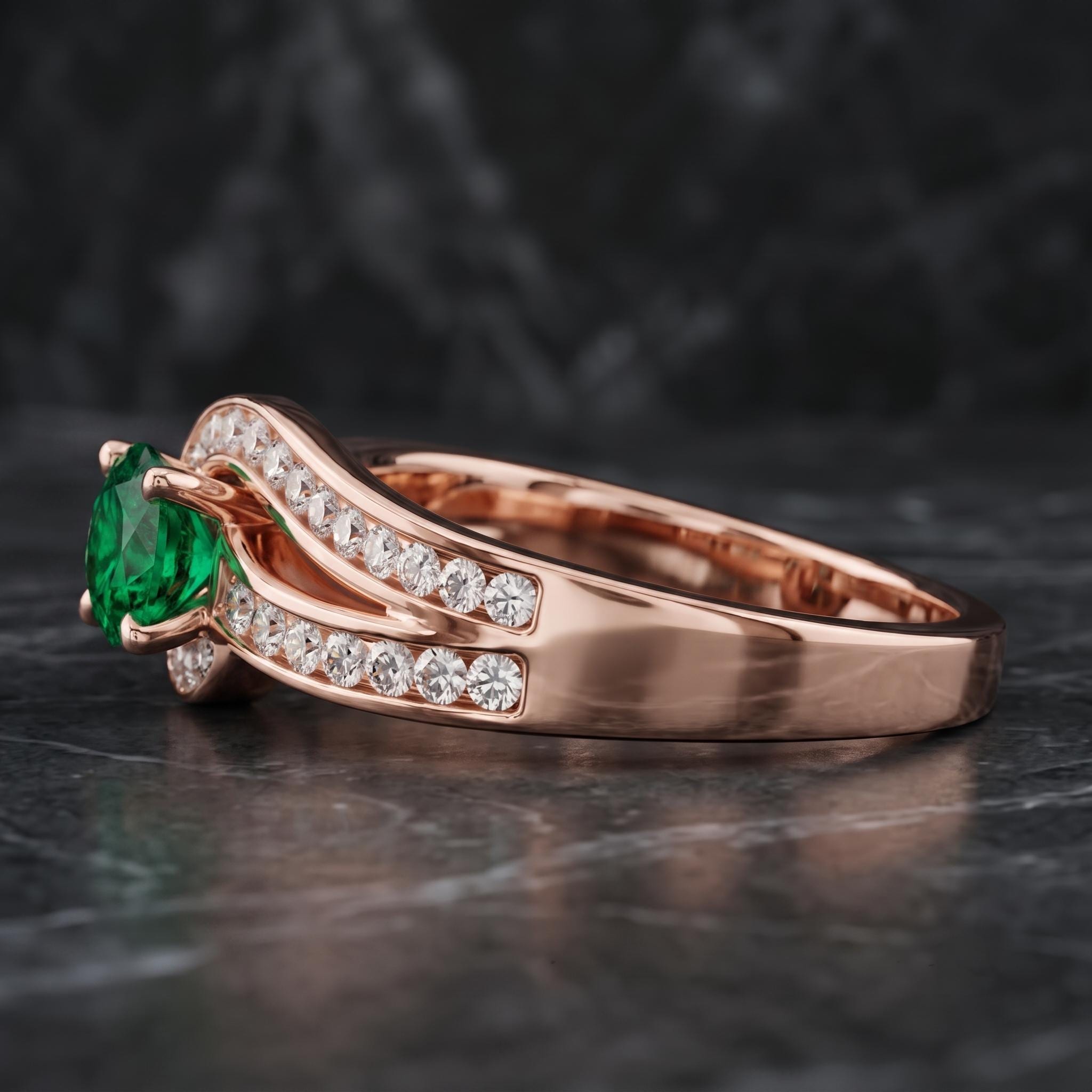 Lab Created Green Gemstone Bypass Ring, 925 Sterling Silver, Moissanite Side Stones