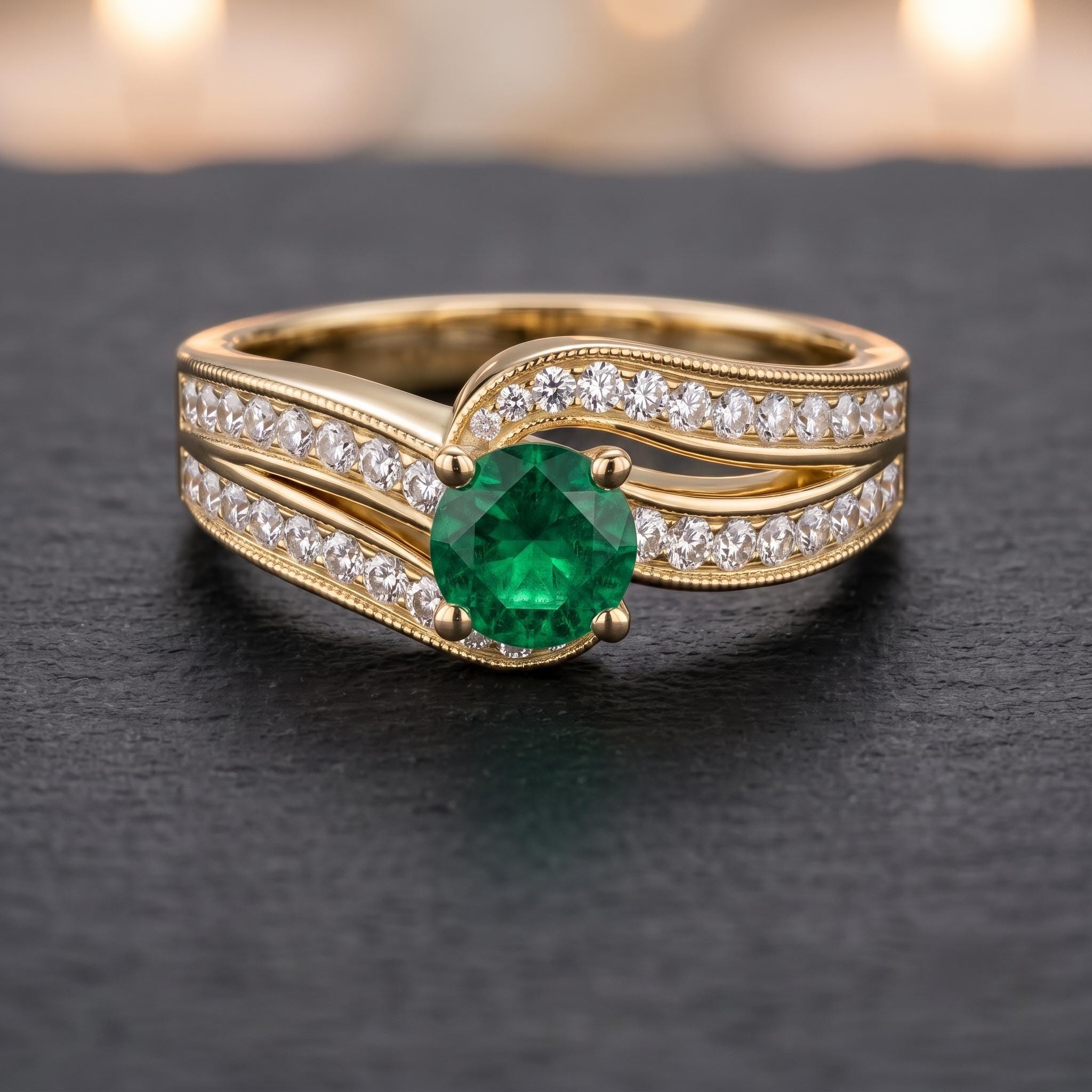 Lab Created Green Gemstone Bypass Ring, 925 Sterling Silver, Moissanite Side Stones