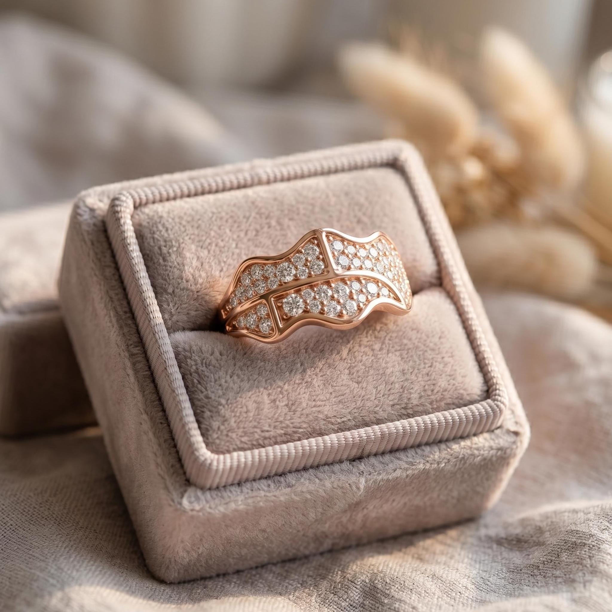 Wavy Sterling Silver Men's Statement Ring, Moissanite Cluster, Rose Gold Finish