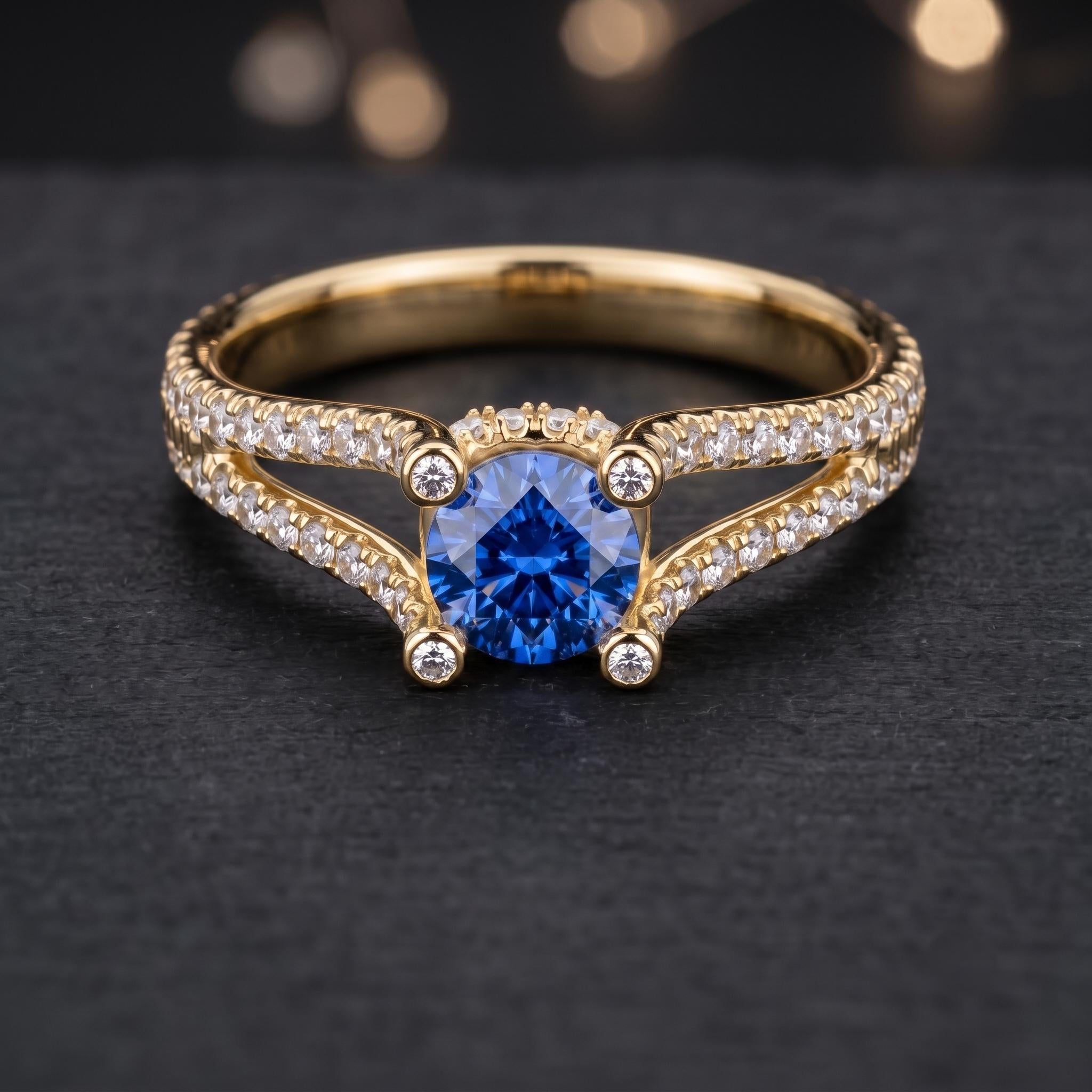 Lab Created Blue Sapphire Sterling Silver Ring, Bezel Accent Split Shank Engagement Ring