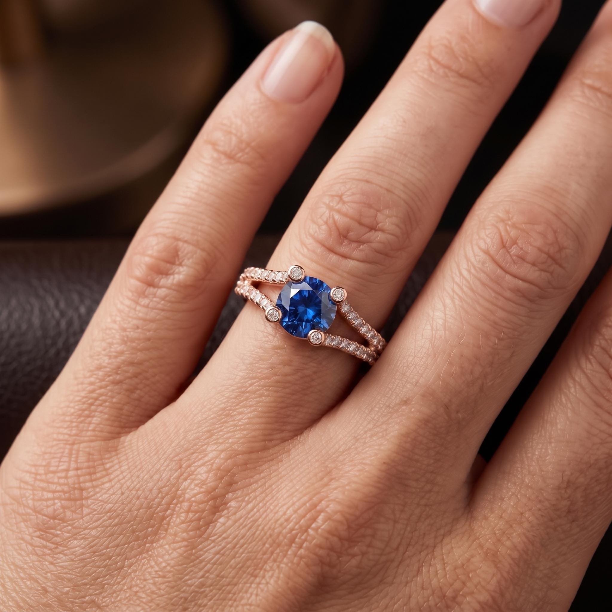 Lab Created Blue Sapphire Sterling Silver Ring, Bezel Accent Split Shank Engagement Ring