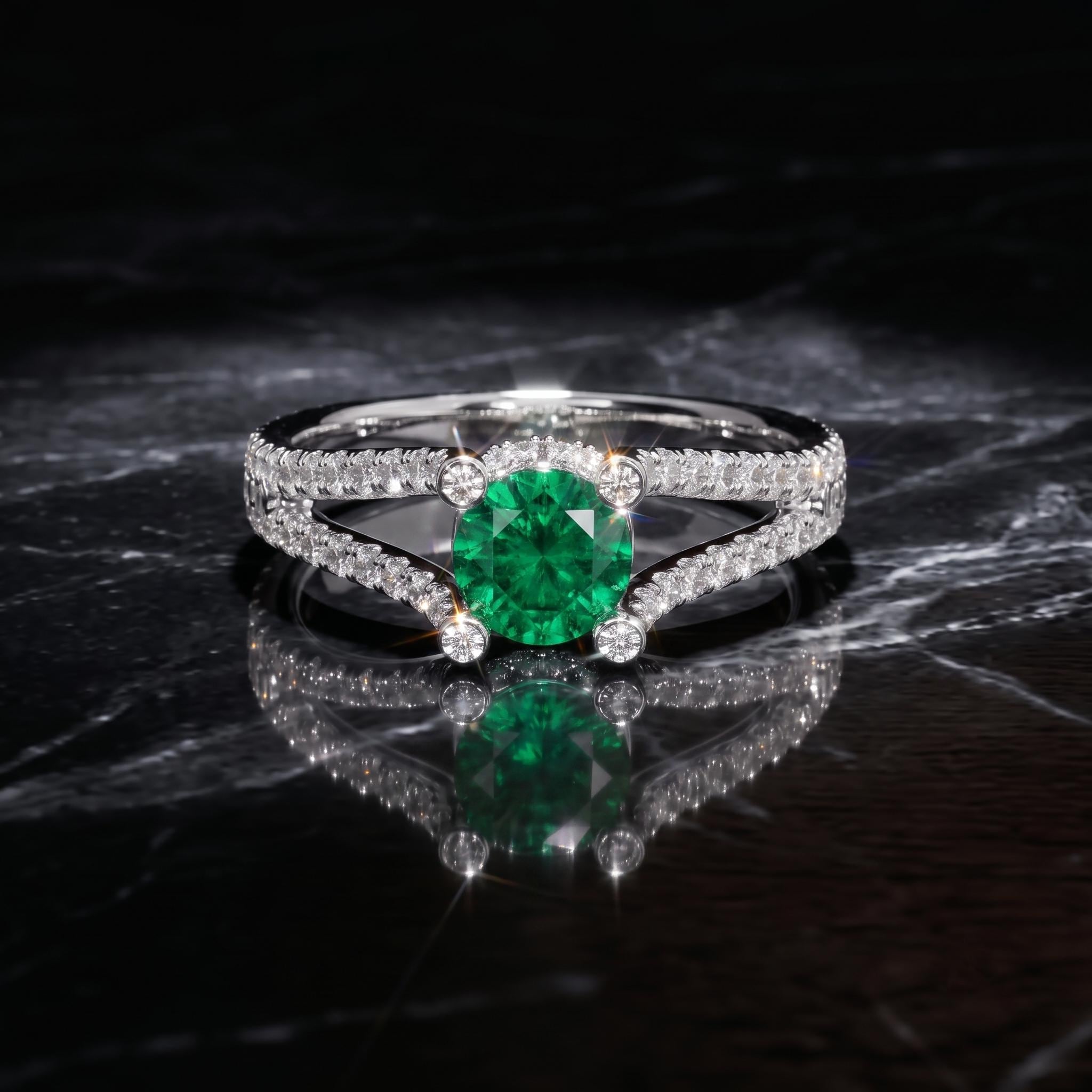 Rose Gold Plated Sterling Silver Emerald Ring, Double Band Pave Moissanite Engagement Ring