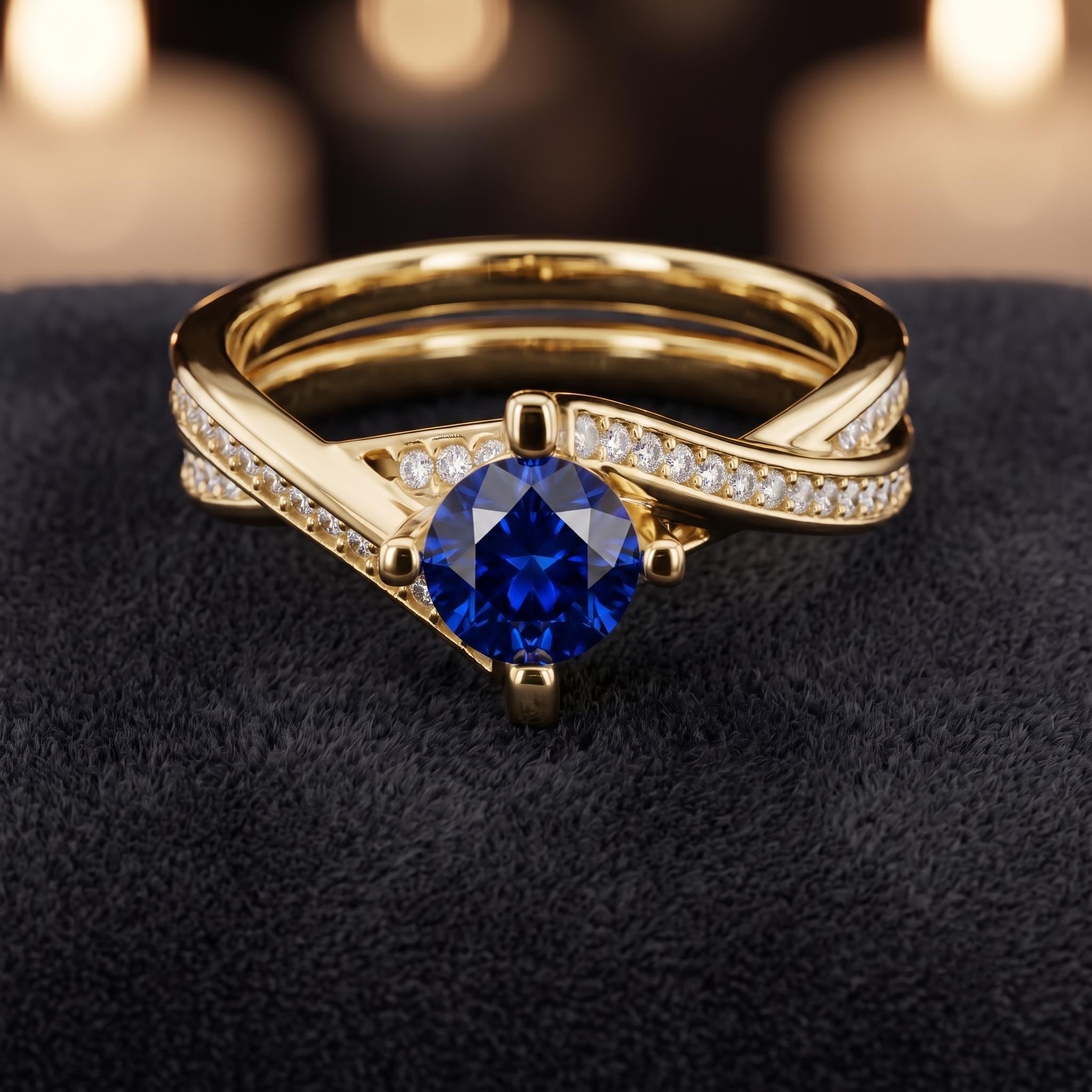 Round Cut Blue Sapphire Sterling Silver Ring, Moissanite Crossover Design (925 Silver)