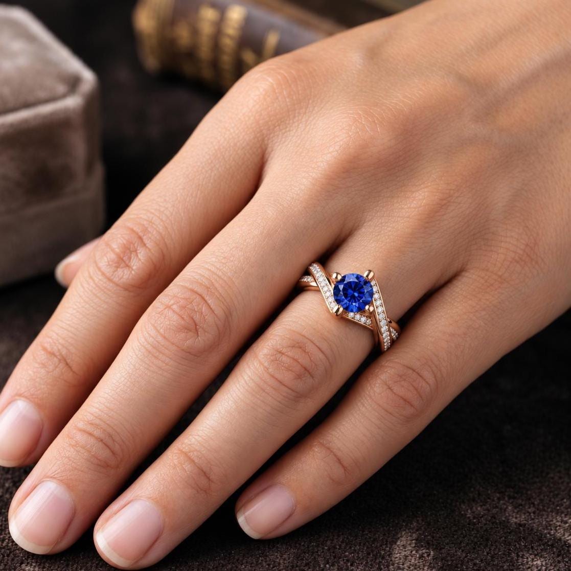 Round Cut Blue Sapphire Sterling Silver Ring, Moissanite Crossover Design (925 Silver)
