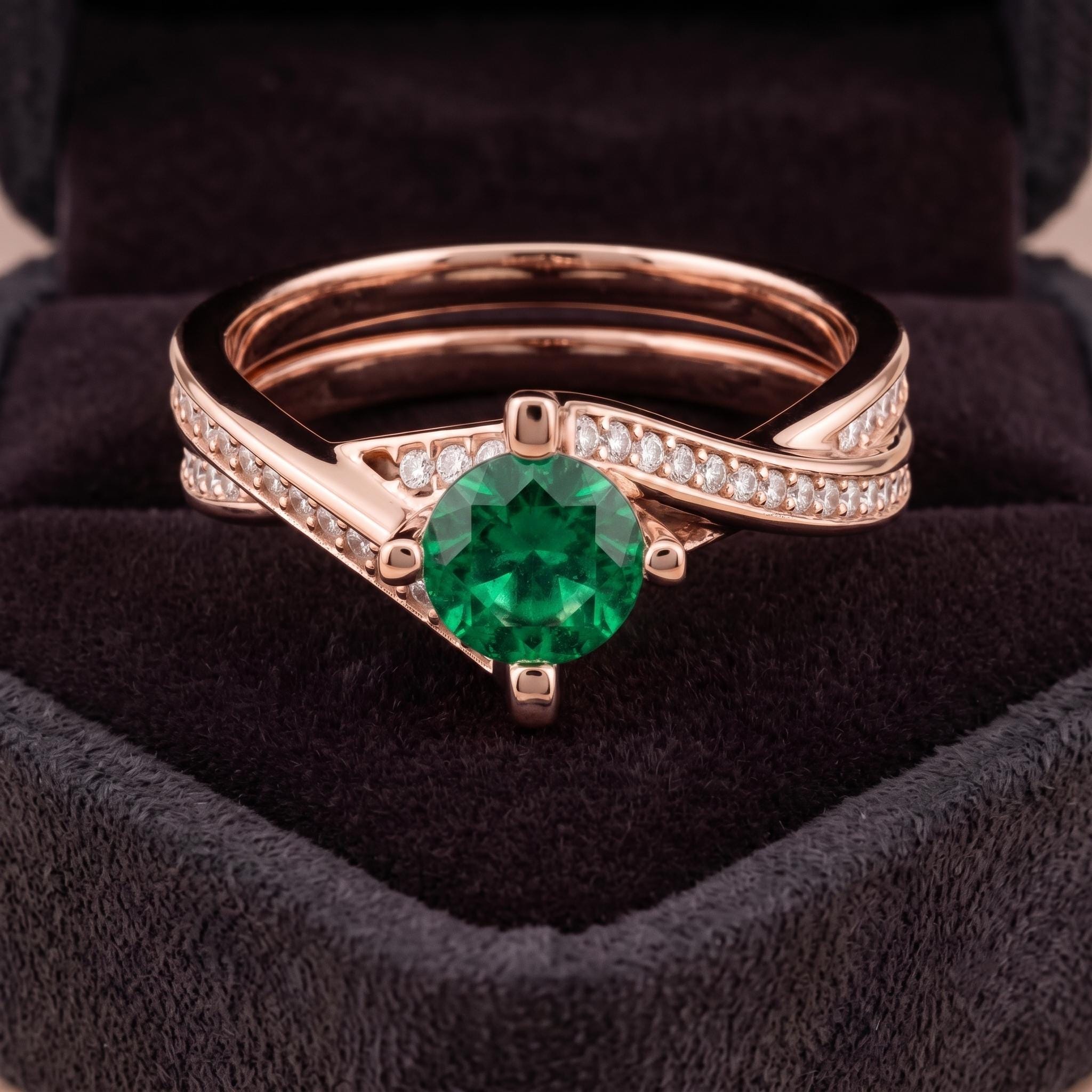 Sterling Silver Emerald Moissanite Ring, Twisted Bypass Shank, Lab-Created Gemstone