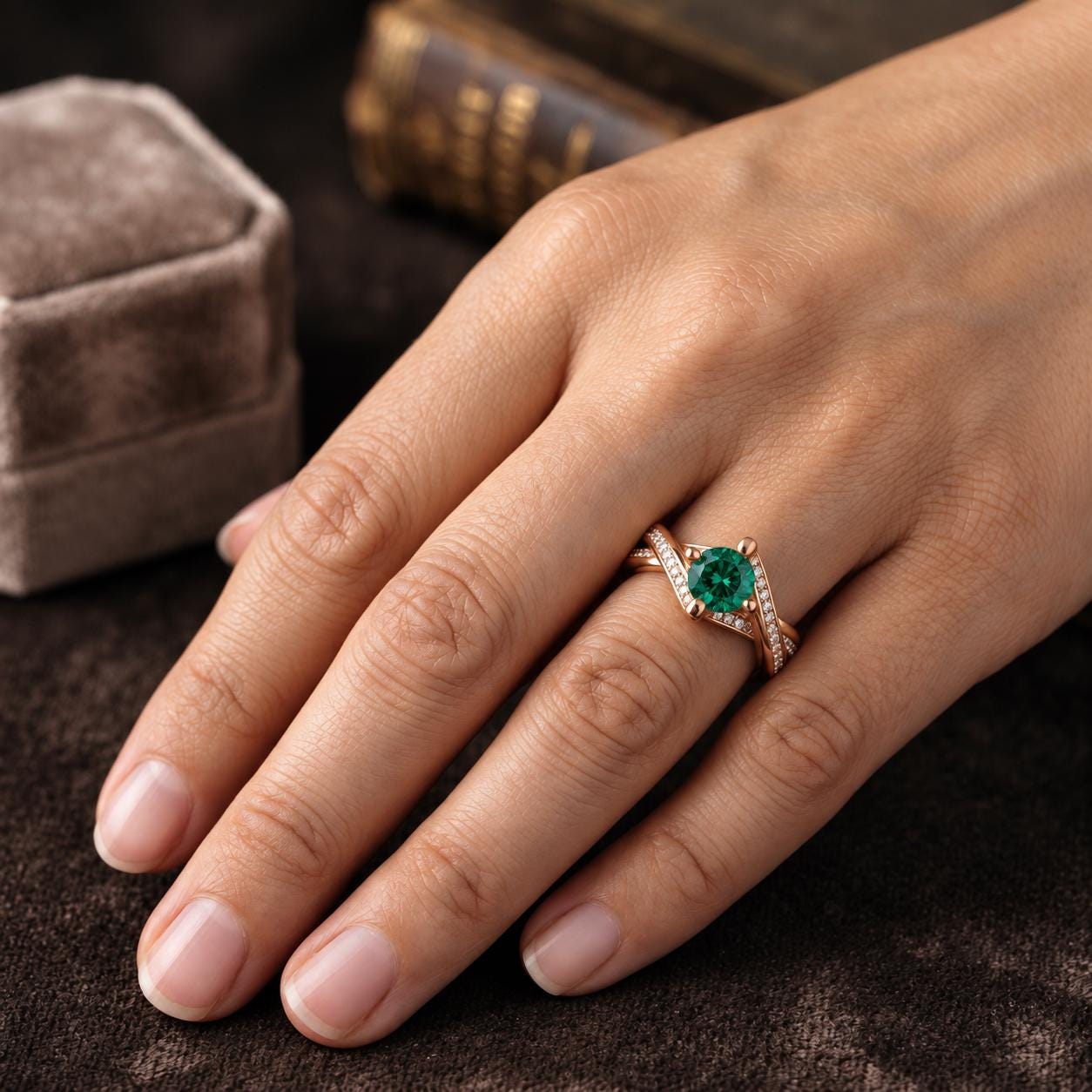 Sterling Silver Emerald Moissanite Ring, Twisted Bypass Shank, Lab-Created Gemstone