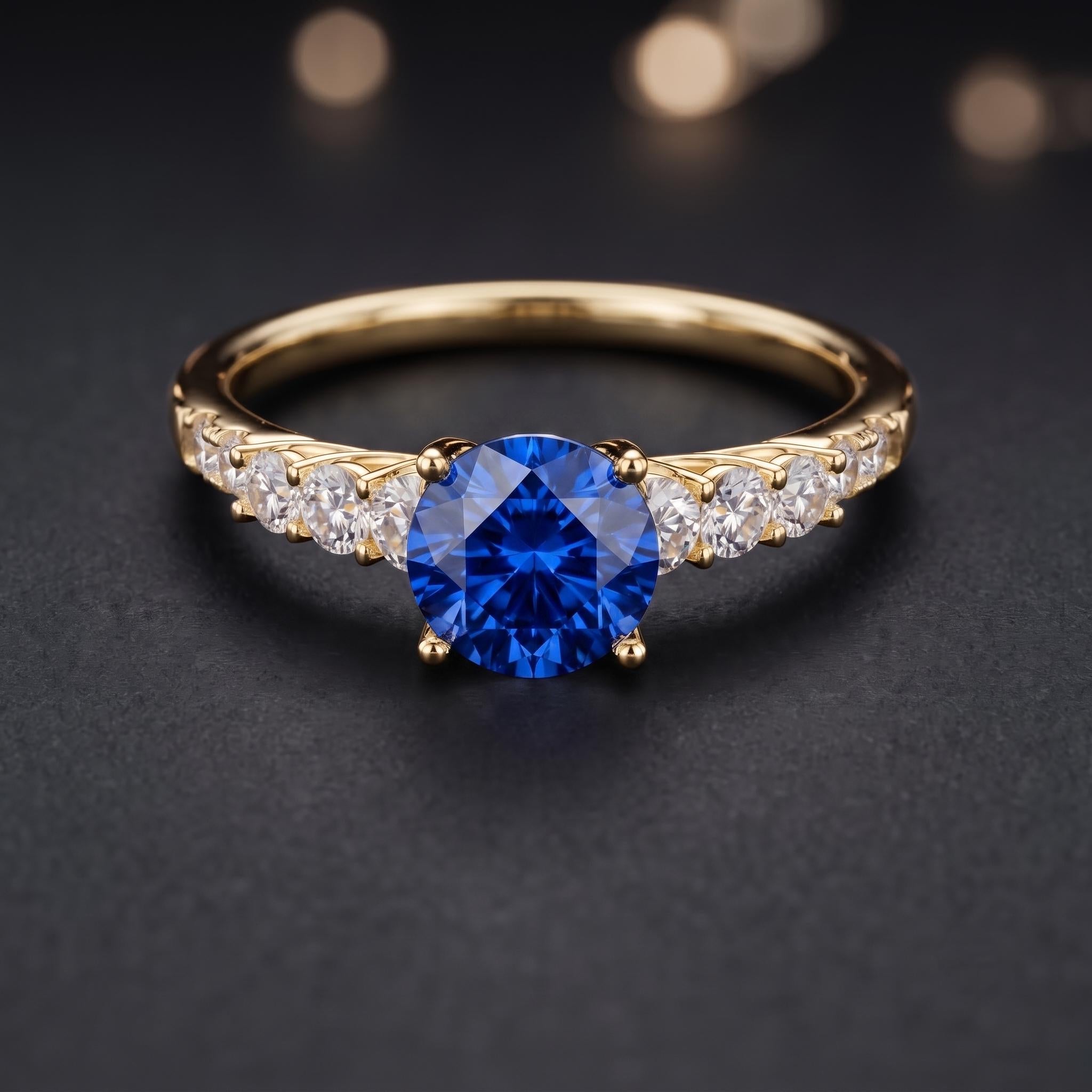 Blue Lab Created Gemstone Ring, Sterling Silver, Moissanite Accent Eternity Ring (September Birthstone)