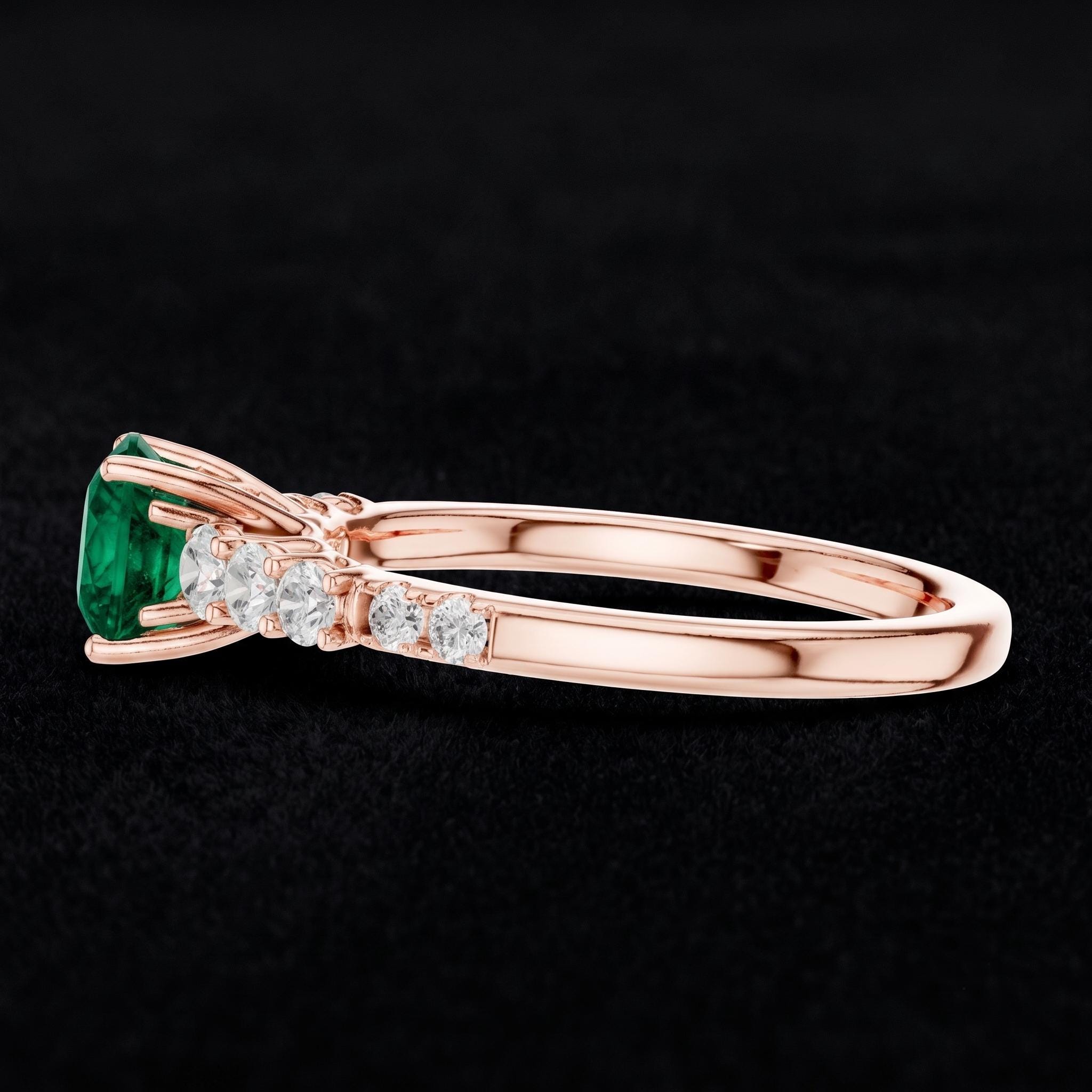 Lab Created Emerald Ring, Sterling Silver, Moissanite Accent, Bridal Statement Ring
