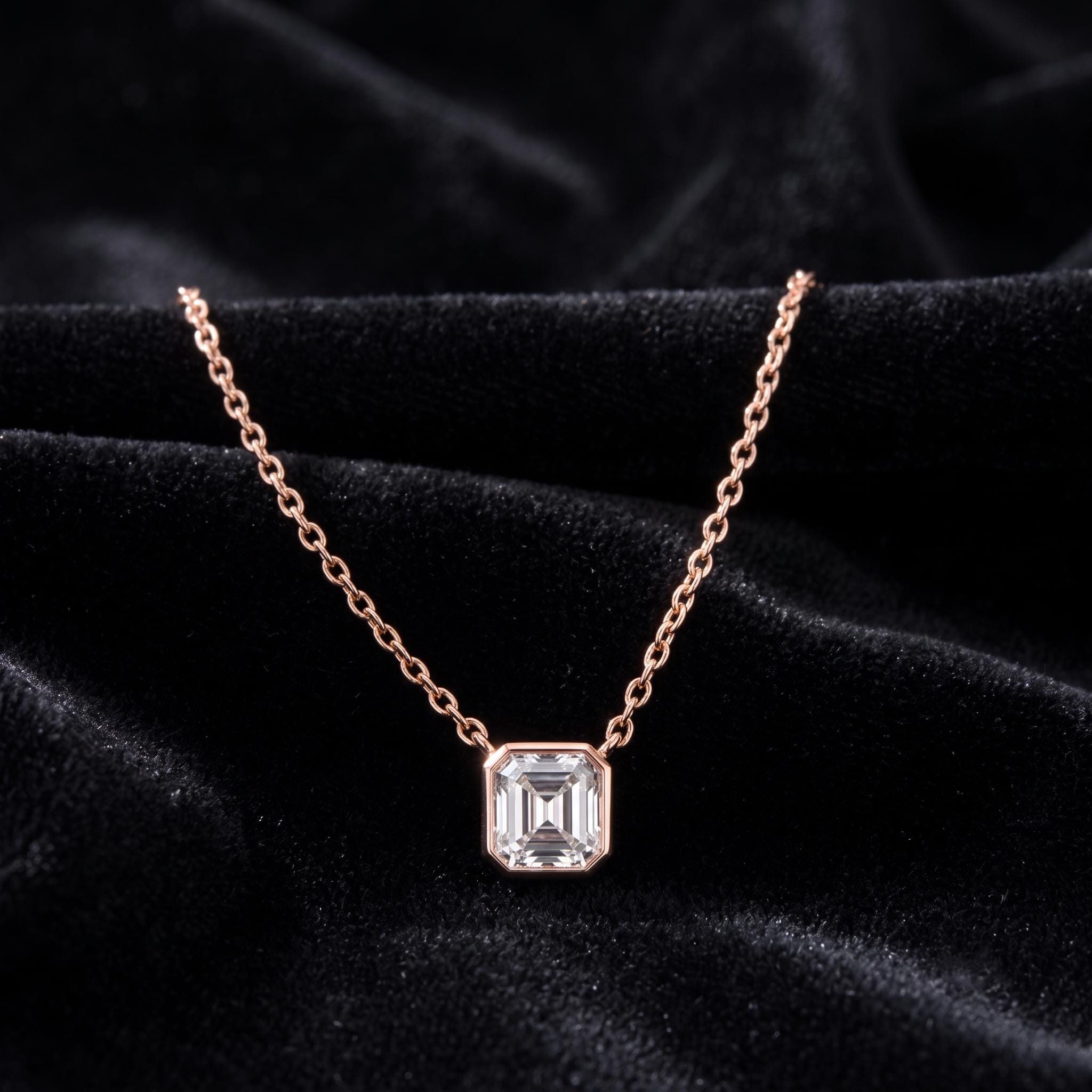 Emerald Cut Moissanite Pendant Necklace, 925 Sterling Silver Chain, Rose Gold Finish
