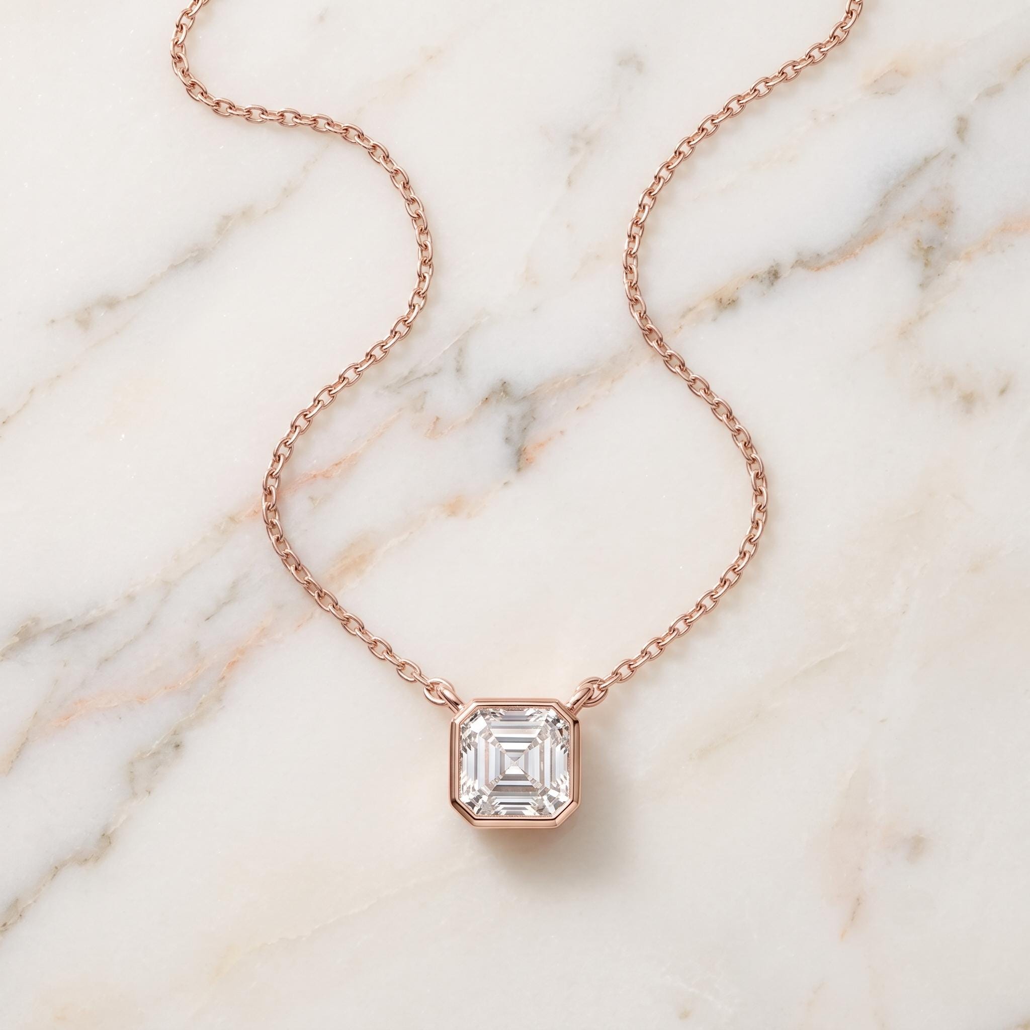Emerald Cut Moissanite Pendant Necklace, 925 Sterling Silver Chain, Rose Gold Finish